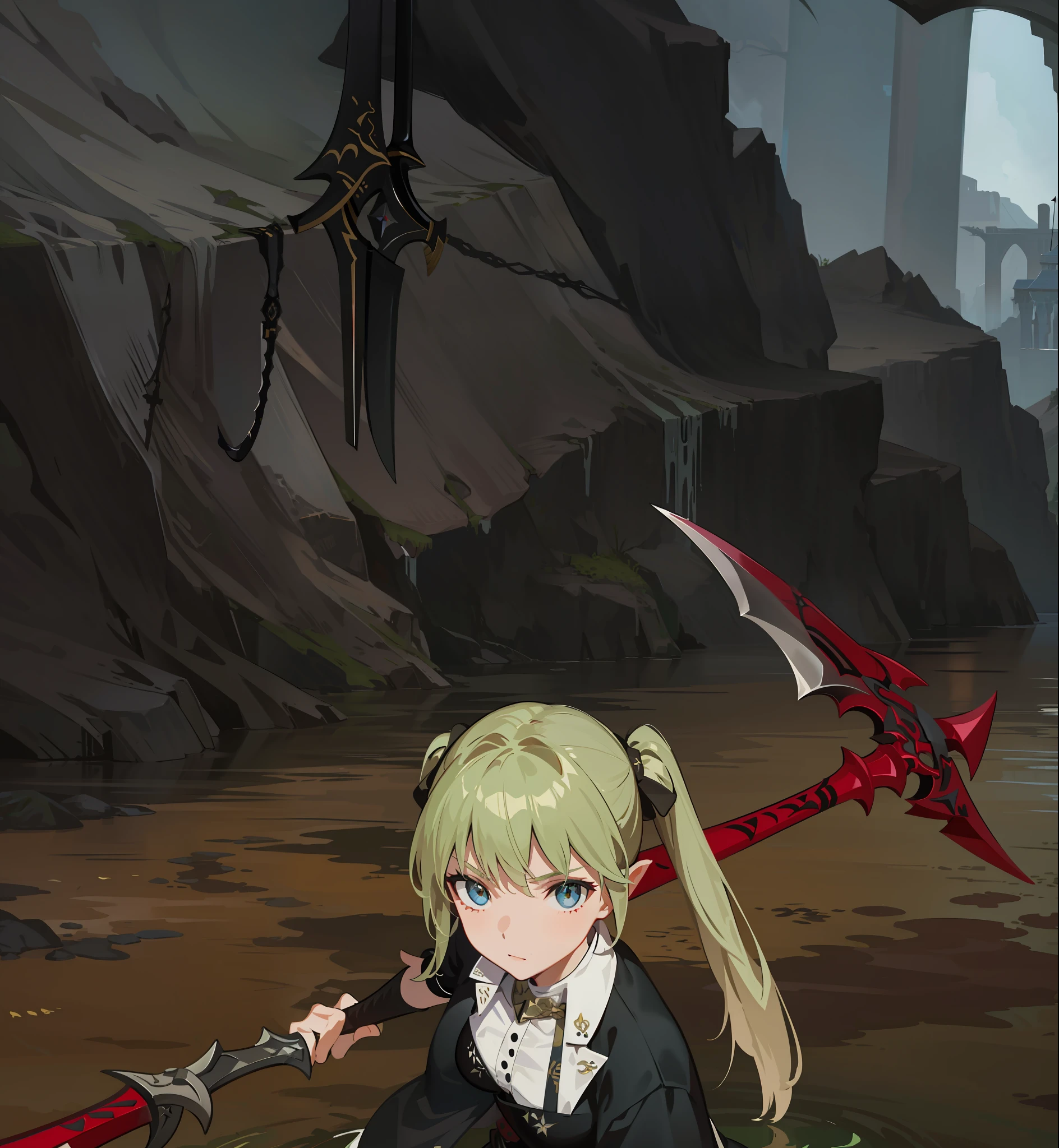 there is a girl with a sword in a game, sword stuck in a pond island, wielding scythe, wielding a long halberd, holding a giant sword, wielding a decorated halberd, tower of god, wielding a bow, with leviathan axe, huge scythe, wielding a keris sword, holding a scythe, holding a colossal sword