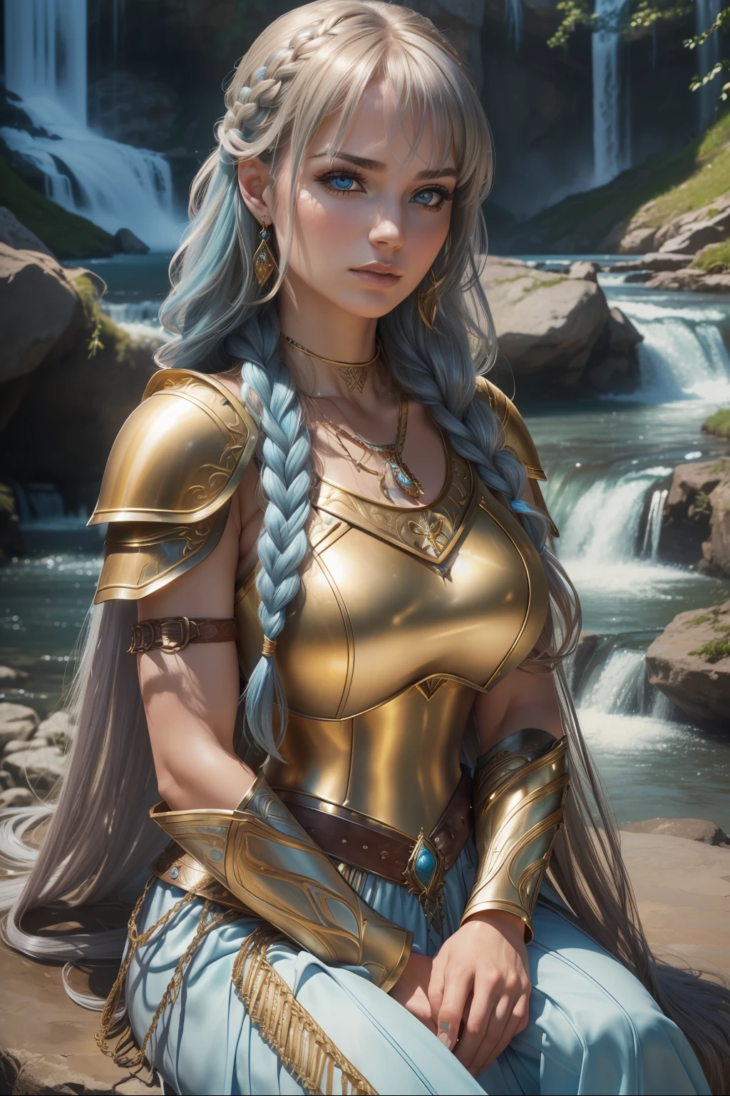 ((best quality, realistic photo, RAW photo, detailed skin and eyes, beautiful female, 30yo, beautiful makeup, natural light)), (loose gold metallic full armor), necklace, cowboy shot, sitting, female_orgasm, light blue side braid long hair, (detailed bang), (Waterfall background)