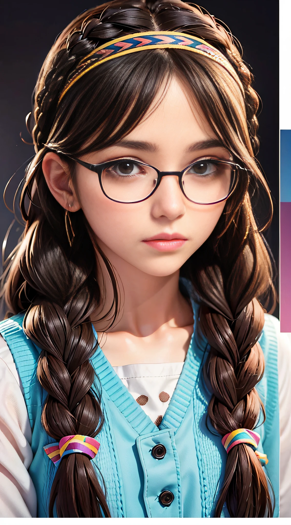 1girl,braid,glasses,headband,solo,twin braids,black hair,brown eyes,brown hair,long hair,looking at viewer,lips