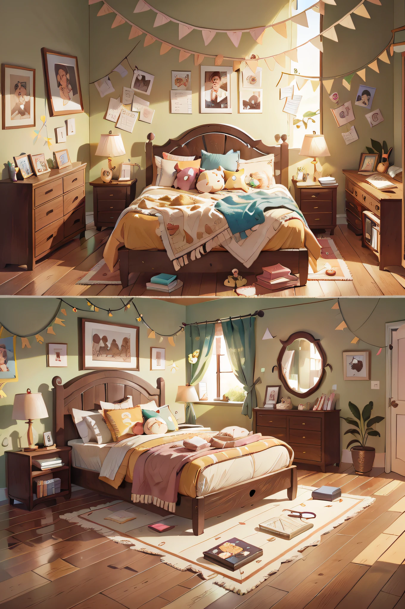 two different bedrooms, children's bedroom furniture with toys, lineart, illustration, best quality, masterpiece, ultra high resolution, perfect quality, clear focus, (masterpiece: 1.2) (Realistic: 1.2) (Bokeh) (Best quality) (Intricate details) (8K) (Sharp focus)