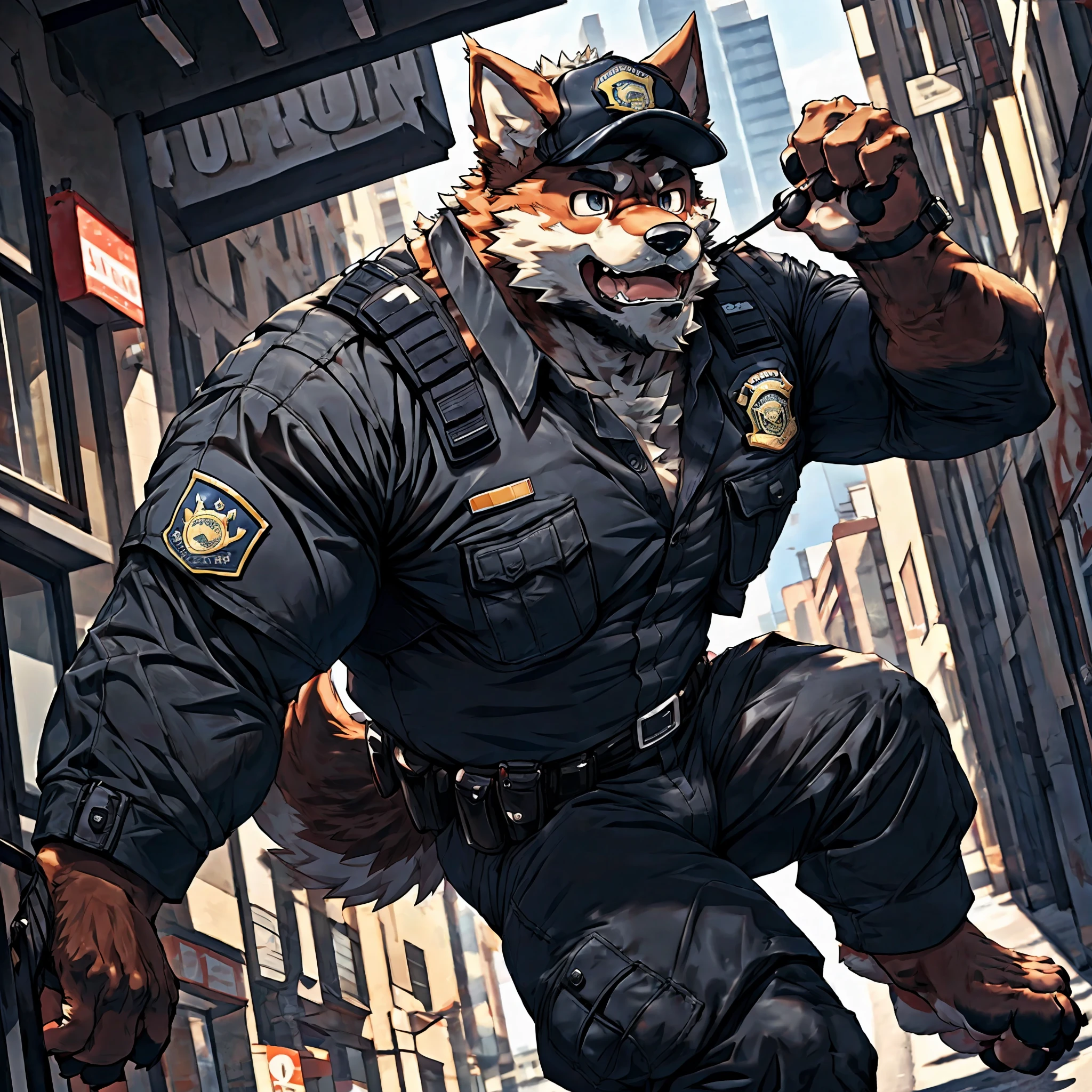 top quality, best quality, super high resolution, detailed background(highly detailed beautiful face and eyes)absurdres, perfect anatomy((angelic nice 1boy, kemono, solo focus, muscle man, beard))(((furry)))(furry anthro:1.7)((((Furry body, dog facial features, dog body features))))((very detailed body fur))full body(dignified)police officer, SWAT, street, muscle, facial hair, volumetric lighting, depth of field, gasping for air, raised crotch, black clothes, ((black police uniform)) shirt, from below,