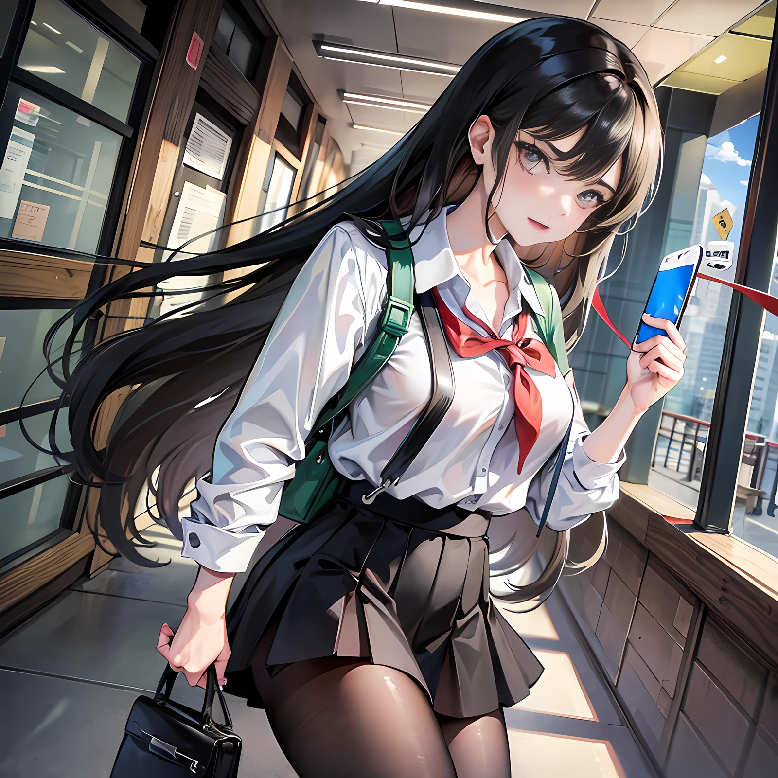 At school, a girl, frontal, long black hair, short black skirt, shooting with a mobile phone in her hand, angry, super detailed, 4k, facial details