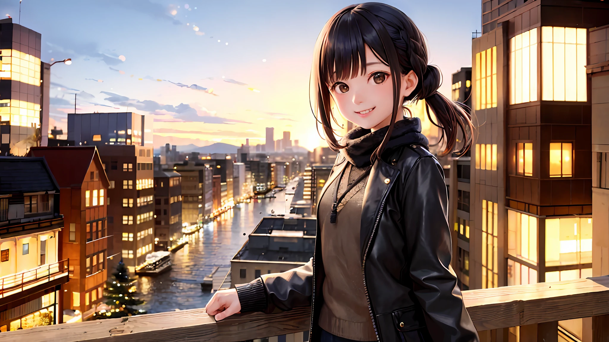 (morning), 1girl, 独奏, 看着观众, winter, cowboy shot, (downtown), cowboy shot, smile, black hair