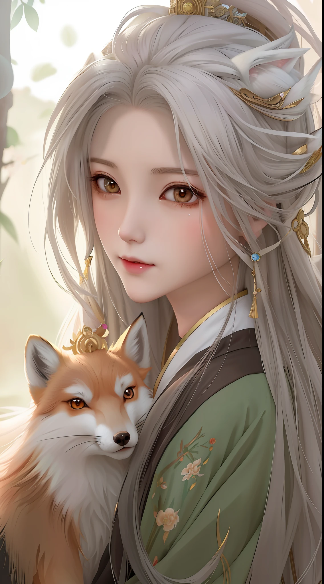 anime girl with long hair and a fox, a beautiful fox lady, white - haired fox, beautiful character painting, by Yang J, beautiful anime portrait, girl with fox ears, a beautiful kitsune woman, by Ni Tian, artwork in the style of guweiz, guweiz, by Ren Renfa, kitsune, soft anime illustration