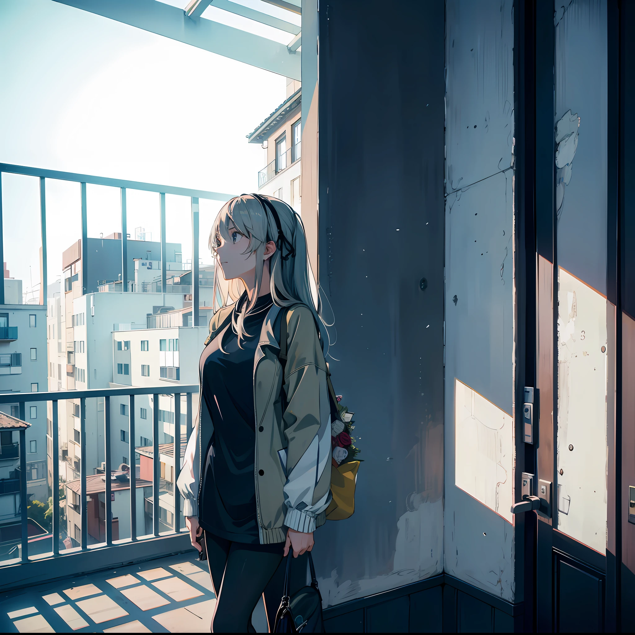 there is a woman standing on a balcony with a bag, anime style mixed with fujifilm, set in tokyo rooftop, photograph of a techwear woman, wearing japanese techwear, portrait a woman like reol, shot on canon eos r 5, shot on canon eos r5, taken with canon eos 5 d mark iv, shot on leica sl2