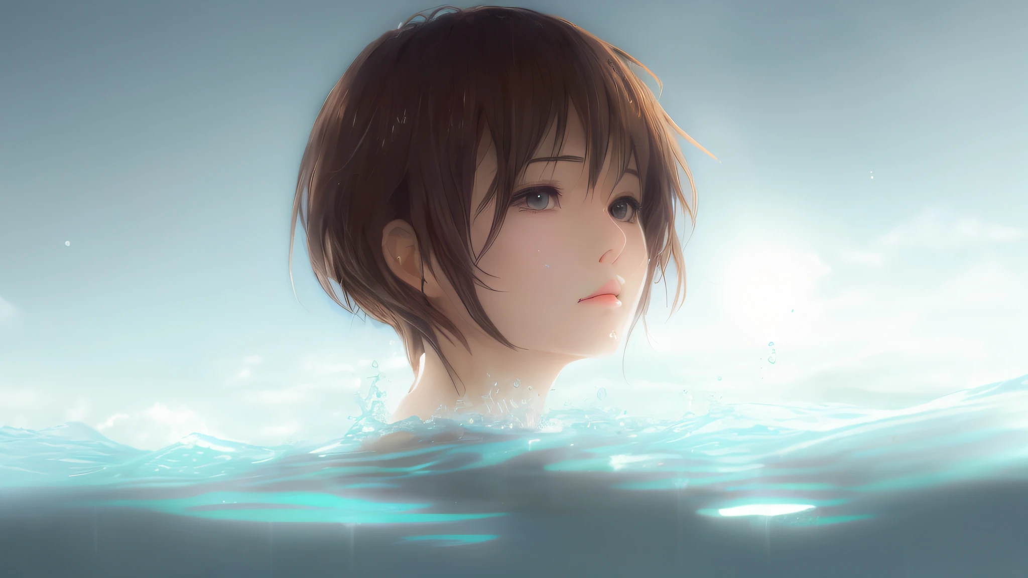 Detailed and perfect anime style illustration, brown short hair, very cute young Japan woman, perfect round eyes, looking far away, female focus, solo, face sticking out of the sea, hair is wet, daydreaming, mysterious background wrapped in dramatic and fantastic mist, no color in the sky, dramatic lighting Makoto Shinkai