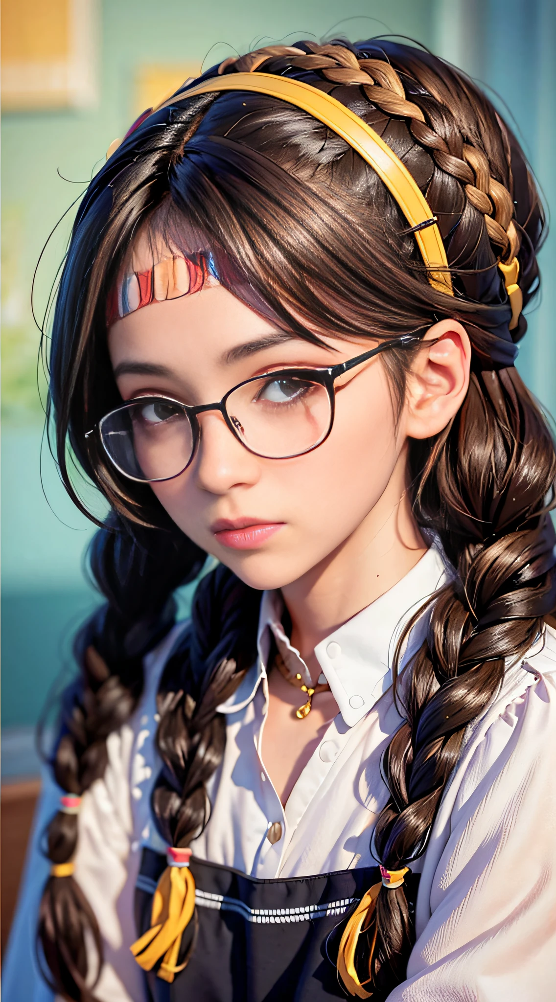 1girl,braid,glasses,headband,solo,twin braids,black hair,brown eyes,brown hair,long hair,looking at viewer,lips