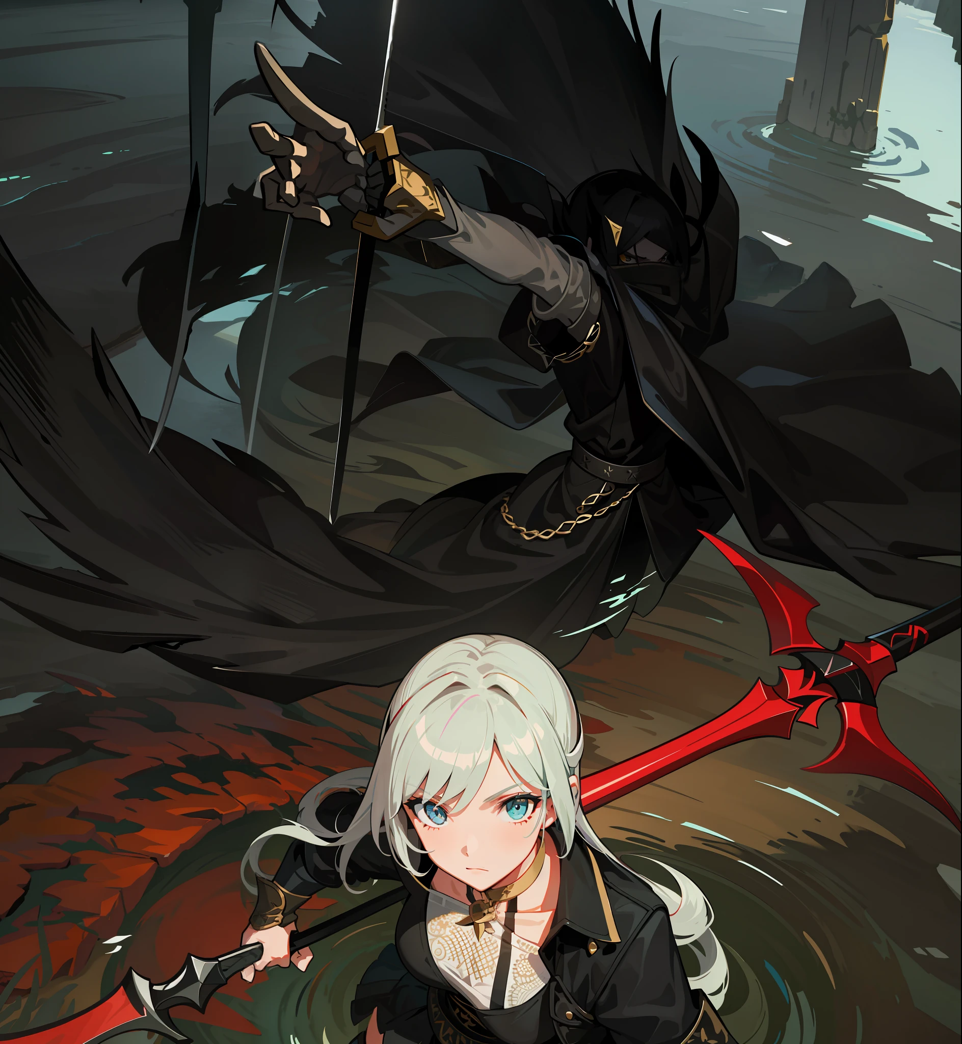 there is a girl with a sword in a game, sword stuck in a pond island, wielding scythe, wielding a long halberd, holding a giant sword, wielding a decorated halberd, tower of god, wielding a bow, with leviathan axe, huge scythe, wielding a keris sword, holding a scythe, holding a colossal sword