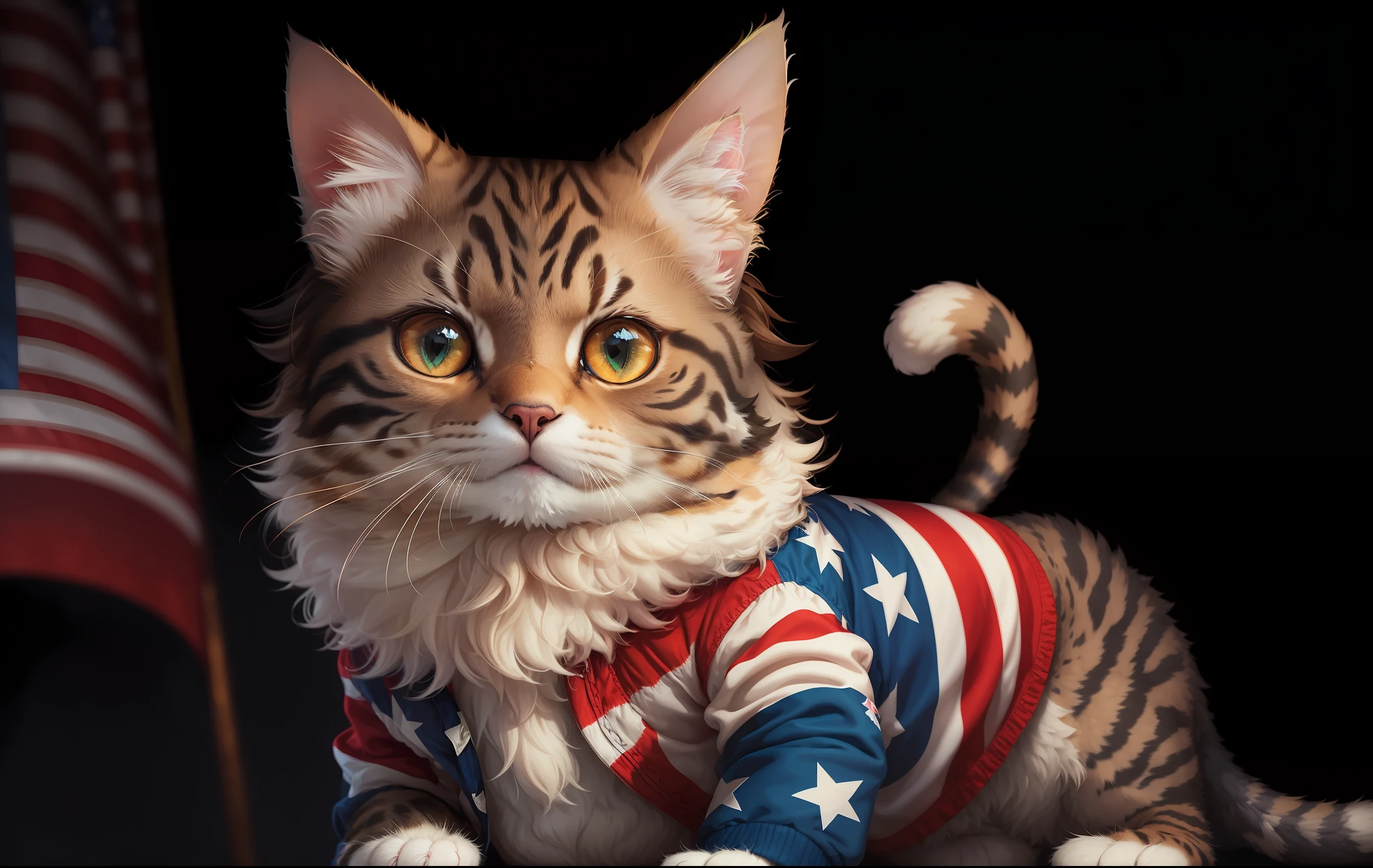 ((A cat in clothes)),, American flag clothes, full shot, fluffy hair, anthropomorphic expressions, rich colors, exquisite details, masterpiece, realistic, artsation, cg, realistic, Unreal Engine, real light and shadow, beautiful rich colors, amazing details, high quality, a pair of ears