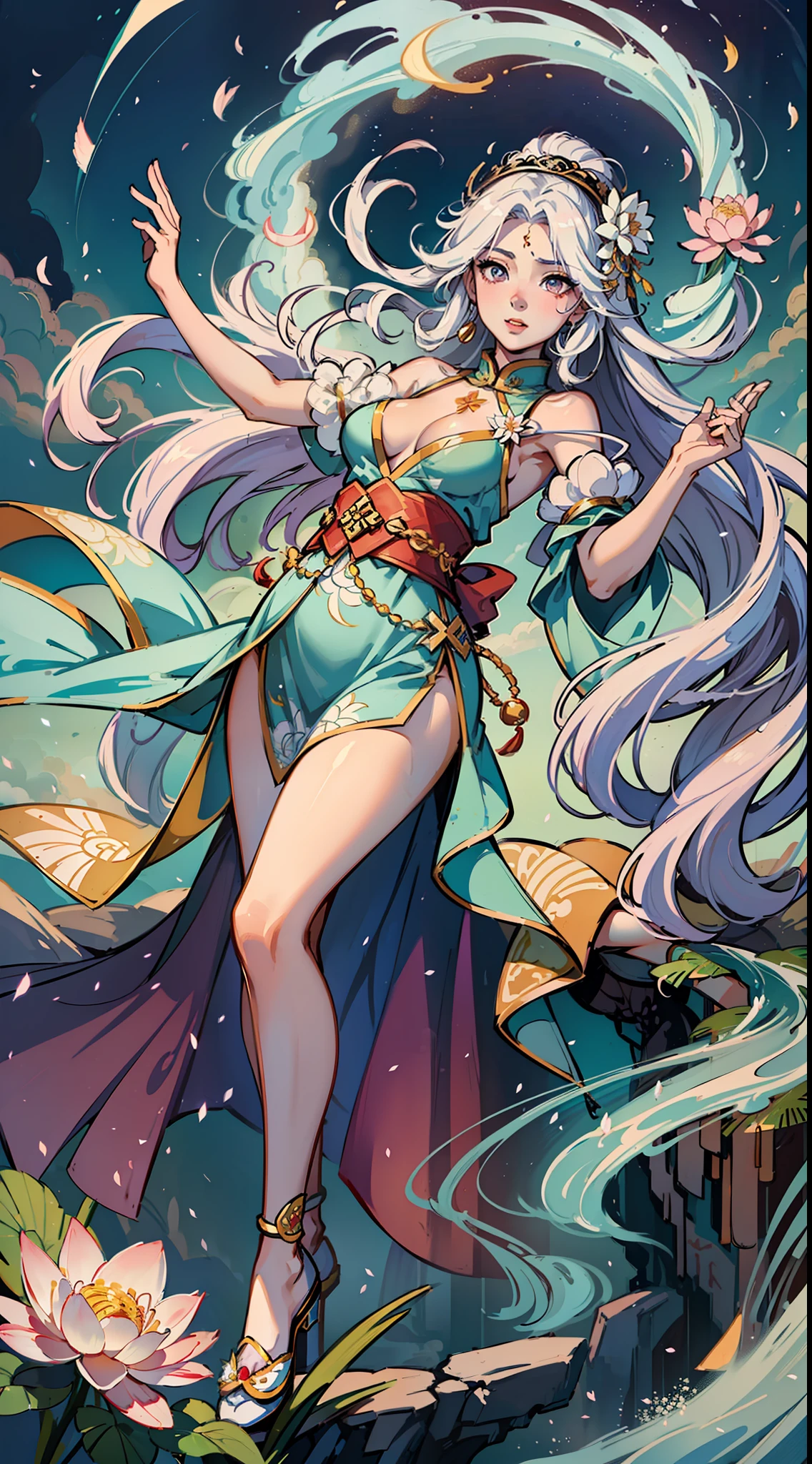 ((High-quality CG, Chinese painting style), (female one), full body picture, a beautiful fairy dancing in the magnificent sky, beautiful and gorgeous posture, beautiful appearance like a flower, dressed in gorgeous clothes, like the first bloom of snow lotus, eyes shining with happiness, full of light, brilliant magic array surrounding, containing oriental aesthetics, gorgeous fairy clothes, exquisite posture, long hair like a waterfall, white light flashing, dreamy clouds. --auto --s2