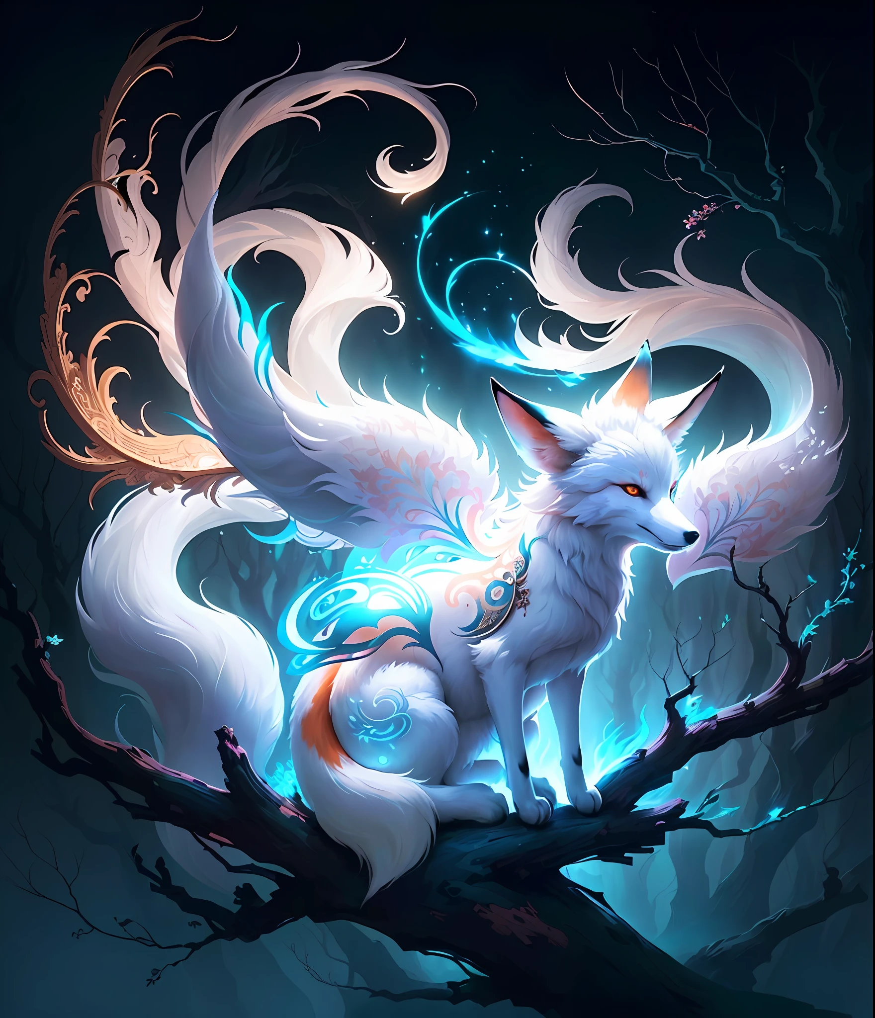 Drawing of a fox with white hair sitting on a branch, ethereal fox, nine-tailed fox, fox three-tailed fox, onmyoji detailed art, nine-tailed, beautiful artwork illustration, mythological creature, fox, beautiful Digital artwork, exquisite digital illustrations, mizutsune, inspired by mythical creatures Wildnet, digital art on pixiv, strong light, high contrast, horror movie theme, dark atmosphere
