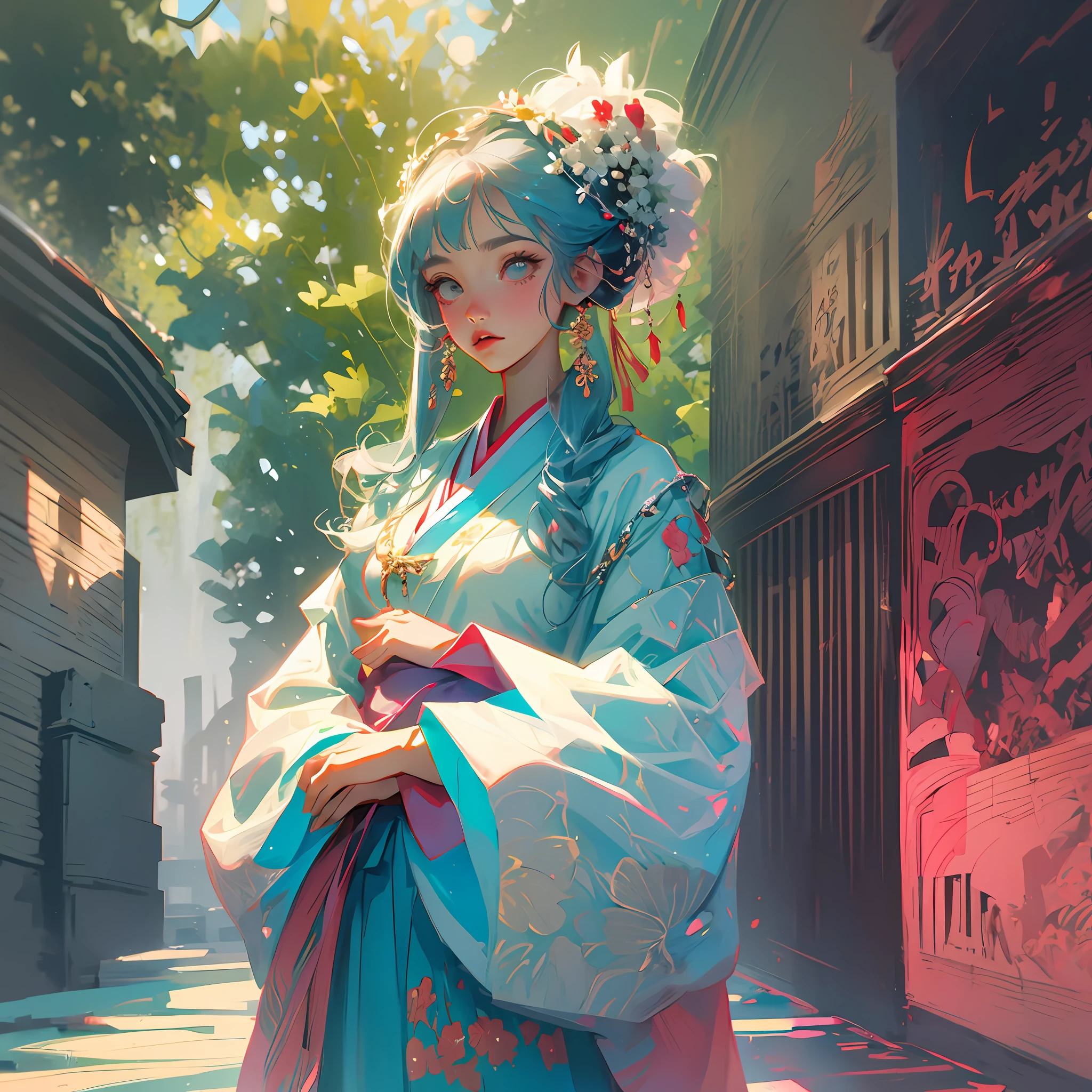 Girl in white kimono taking a commemorative photo with Napoleon --auto --s2