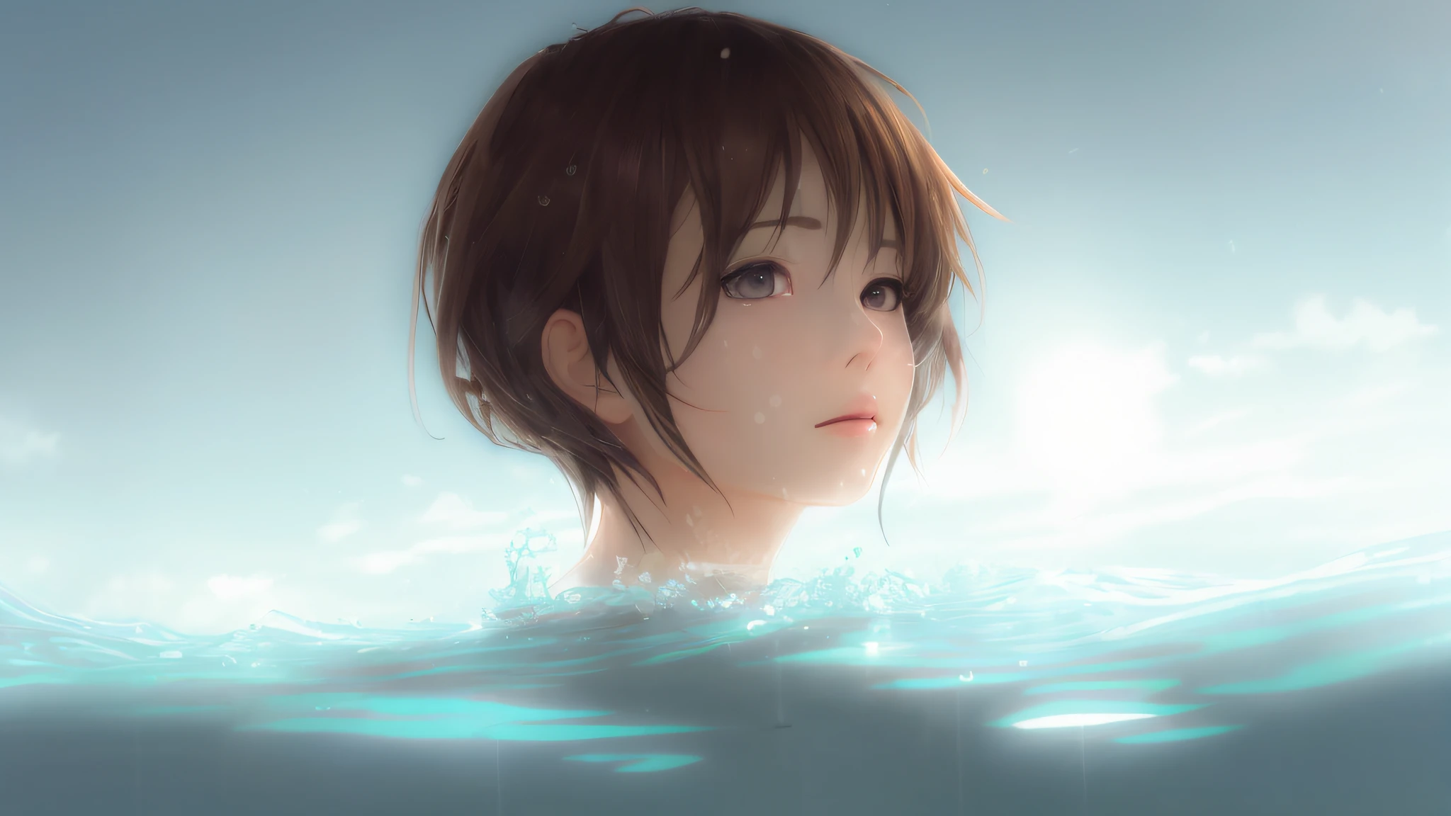 Detailed and perfect anime style illustration, brown short hair, very cute young Japan woman, perfect round eyes, looking far away, female focus, solo, face sticking out of the sea, hair is wet, daydreaming, mysterious background wrapped in dramatic and fantastic mist, no color in the sky, dramatic lighting Makoto Shinkai