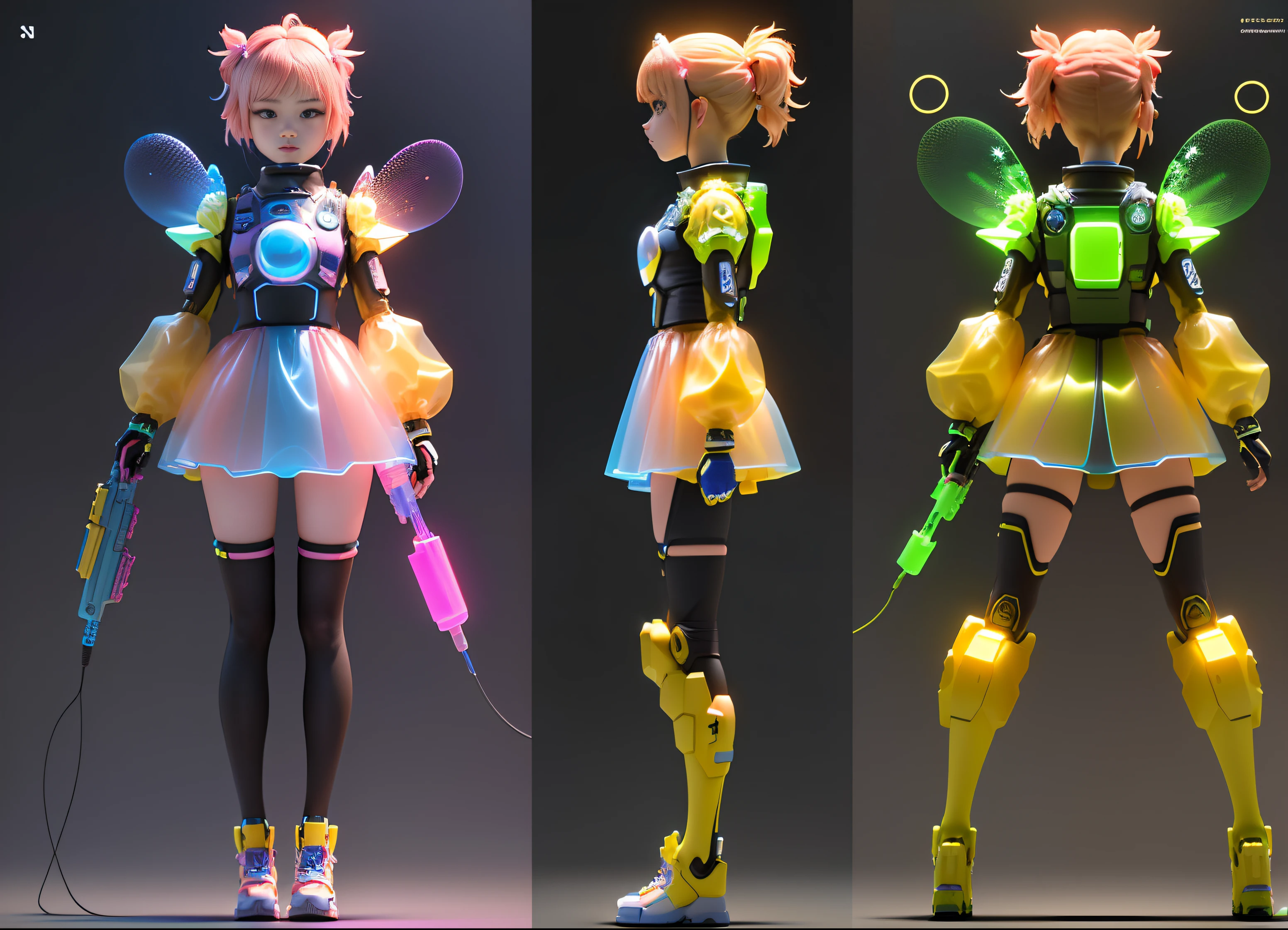 3D toy bubble gun girl shoots bubbles,(((multiple views of the same character)))，(full bady) ,chibi, fluorescent translucent, luminous body, kawaii, bauhaus, colorful, plastic, transparent, product design, glowing jelly, precision mechanical parts, awesome Lighting, 3D, digital art , translucent plastic bubblegum, close-up, 3d, super detailed, generate three views, namely front view, side view and rear view, no boundary line, C4D, octane rendering, Blender, HD, full body, simple background!!! --ar 16:9 --niji 5 --style expressiveness