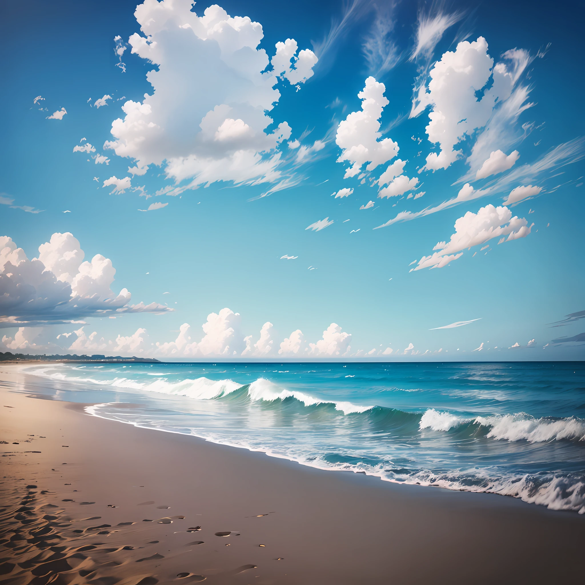 Blue sky and white clouds, beach view, delicate presentation, warm light, beach waves, beautiful scenery. --auto --s2