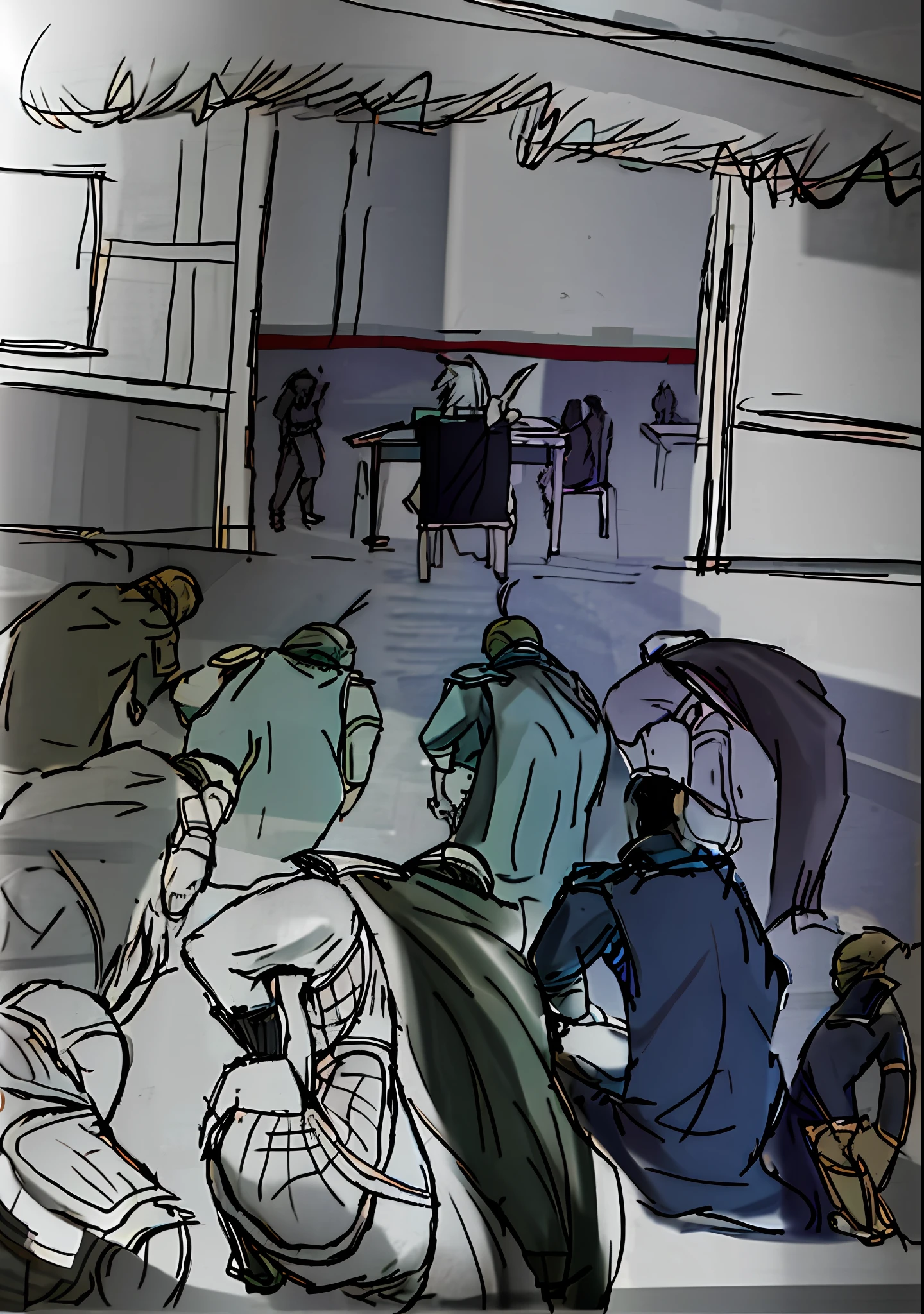 Group of people kneeling on the floor, courtroom sketch, cultists watching, as comic panel, concept film, rough sketch, line sketch, RPG scene, intense line art, detailed but rough, full page illustration, corpse in background, audience, classroom graffiti, heavy silhouette, sketch, line sketch!!, full page illustration