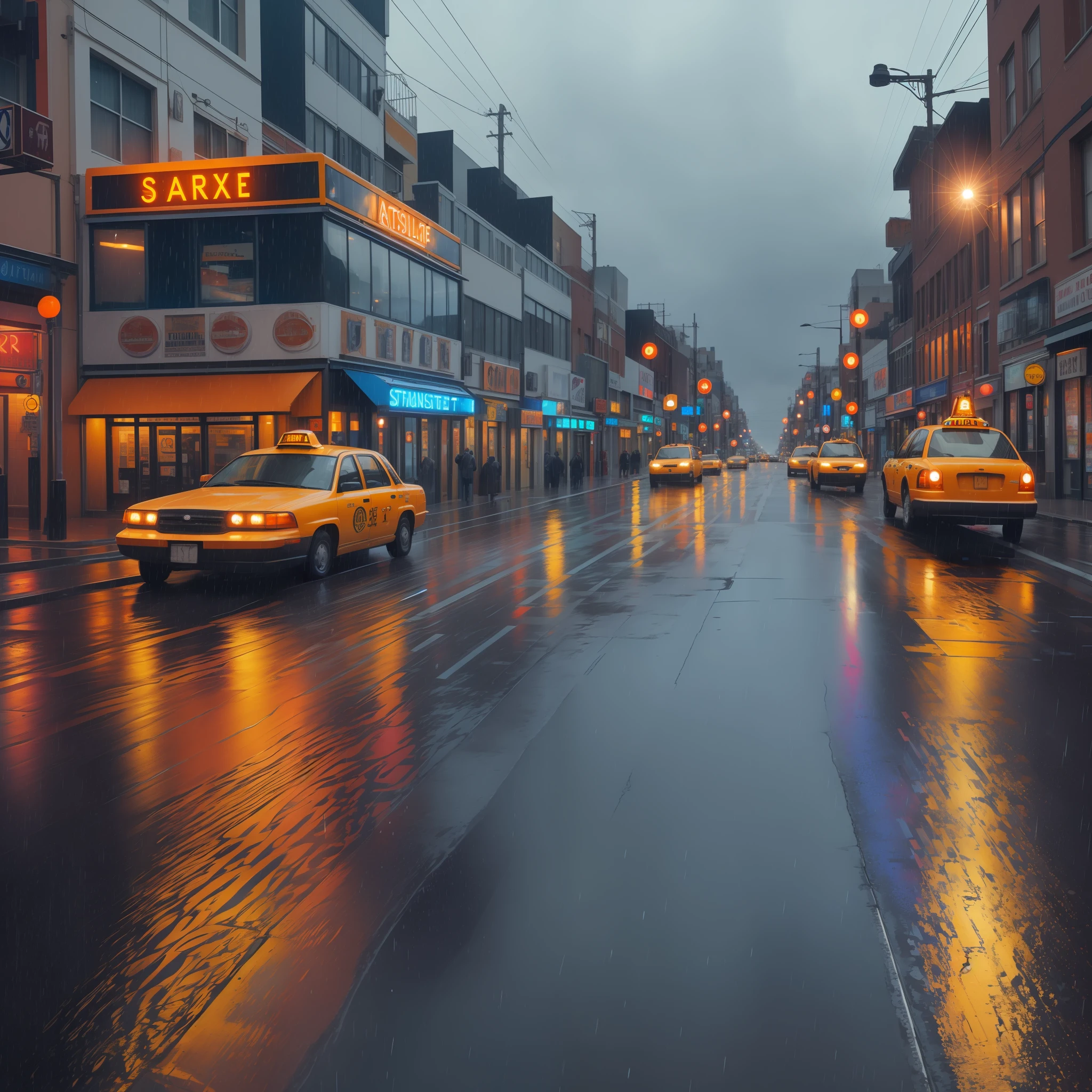 Nashiville street on rain, blue and orange lights, taxi on the street