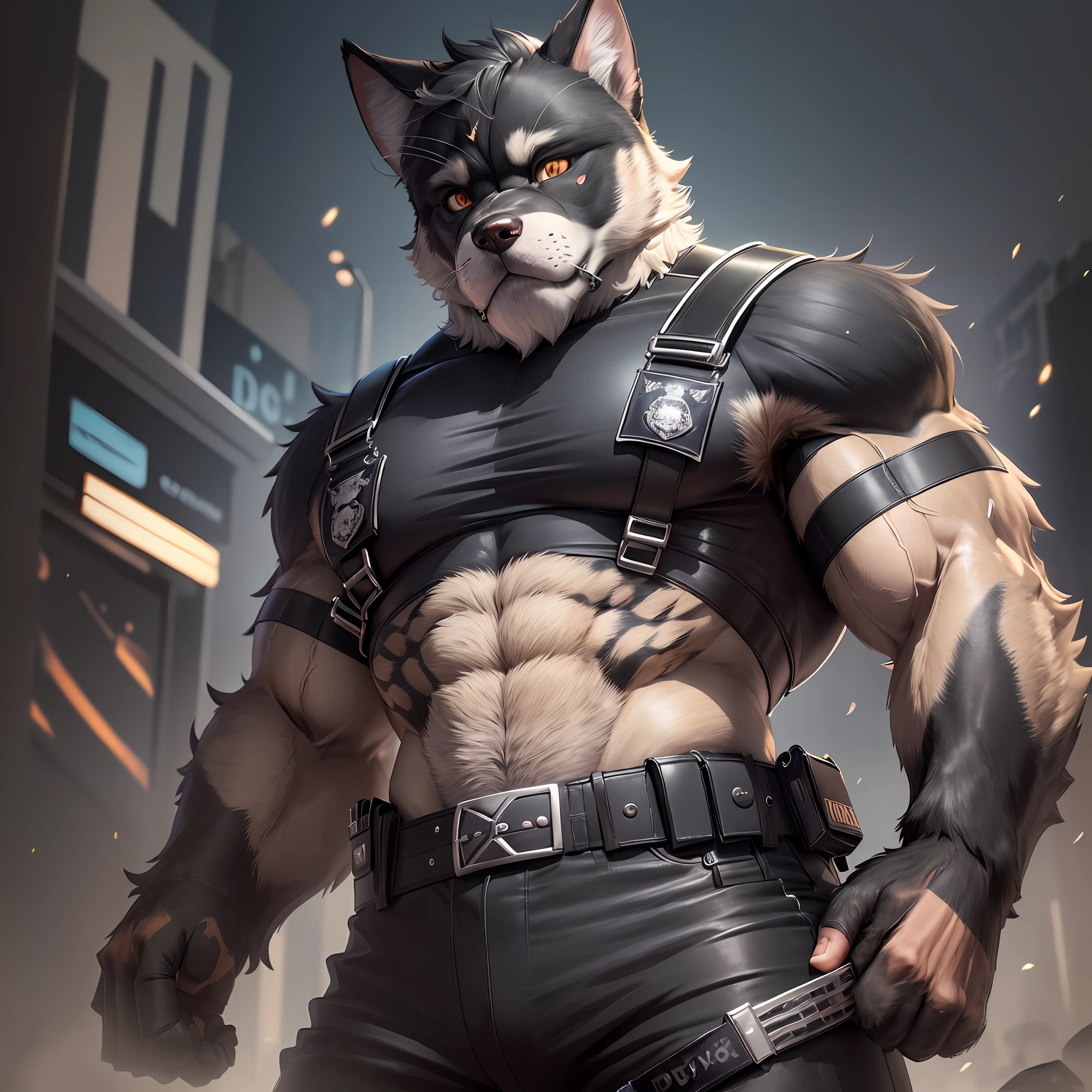 top quality, best quality, super high resolution, detailed background(highly detailed beautiful face and eyes)absurdres, perfect anatomy((angelic nice 1boy, kemono, solo focus, muscle man, beard))(((furry)))(furry anthro:1.7)((((Furry body, dog facial features, dog body features))))((very detailed body fur))full body(dignified)police officer, SWAT, street, muscle, facial hair, volumetric lighting, depth of field, gasping for air, raised crotch, black clothes, ((black police uniform)) shirt, from below,