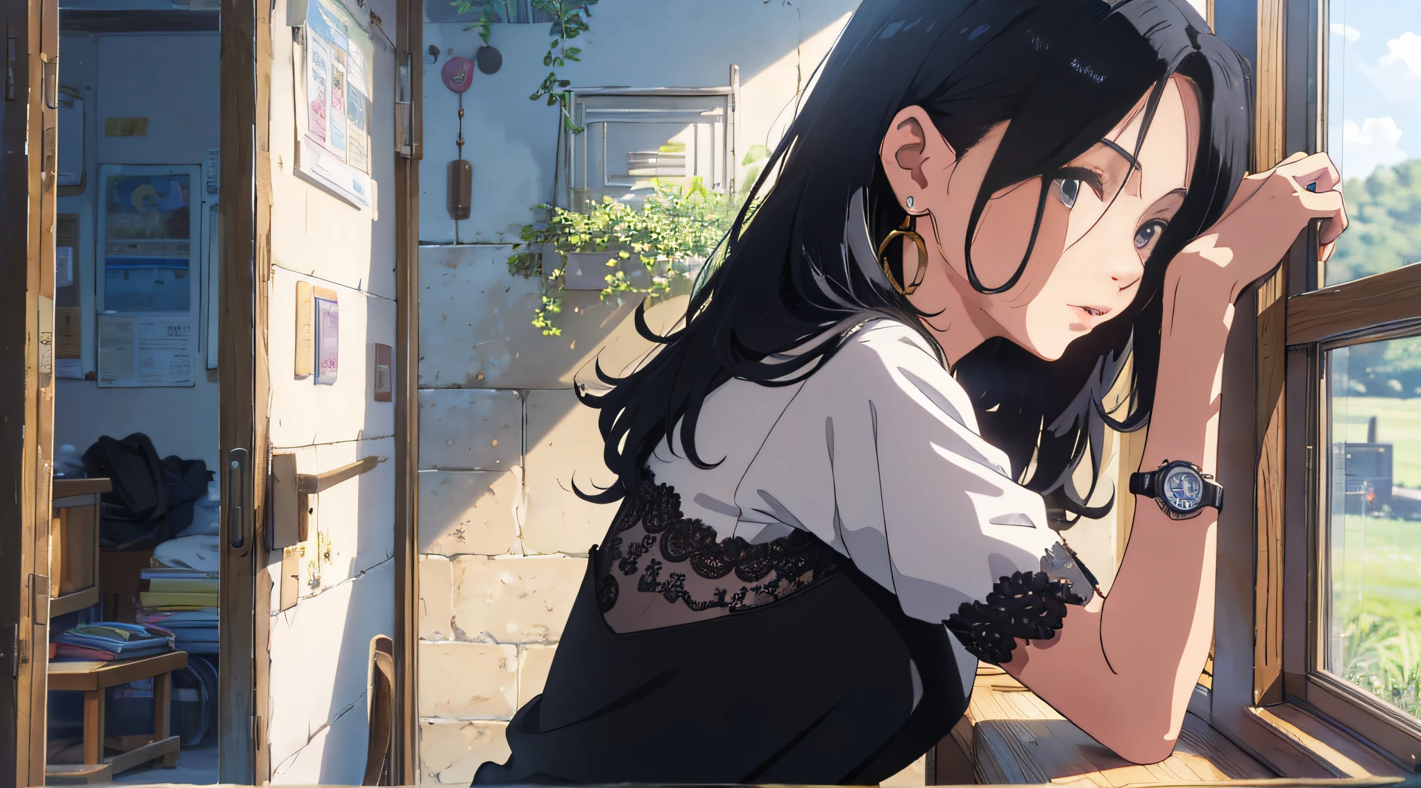 Boy facing girl, side, background is countryside outside, (Li Na: long hair, black hair, curly hair, simple earrings, big eyes, casual wear, black dress, 21 years old), (gangko: short hair, straight hair, sunshine, handsome, with watch, gray casual shirt, black pants), stereogram, anime, UHD, textured skin, high quality, high detail --auto --s2