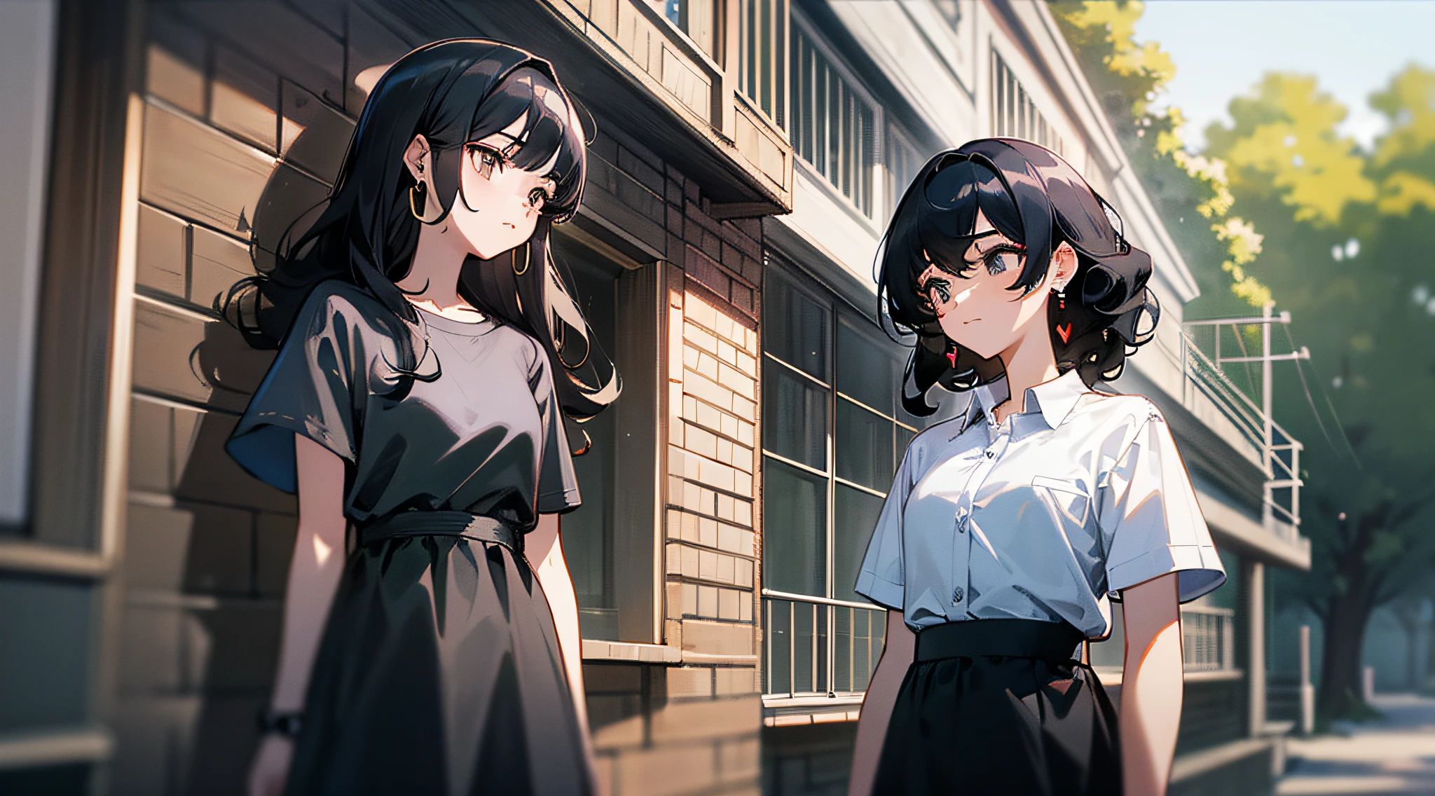 Boy facing girl, side, background is countryside outside, (Li Na: long hair, black hair, curly hair, simple earrings, big eyes, casual wear, black dress, 21 years old), (gangko: short hair, straight hair, sunshine, handsome, with watch, gray casual shirt, black pants), stereogram, anime, UHD, textured skin, high quality, high detail --auto --s2