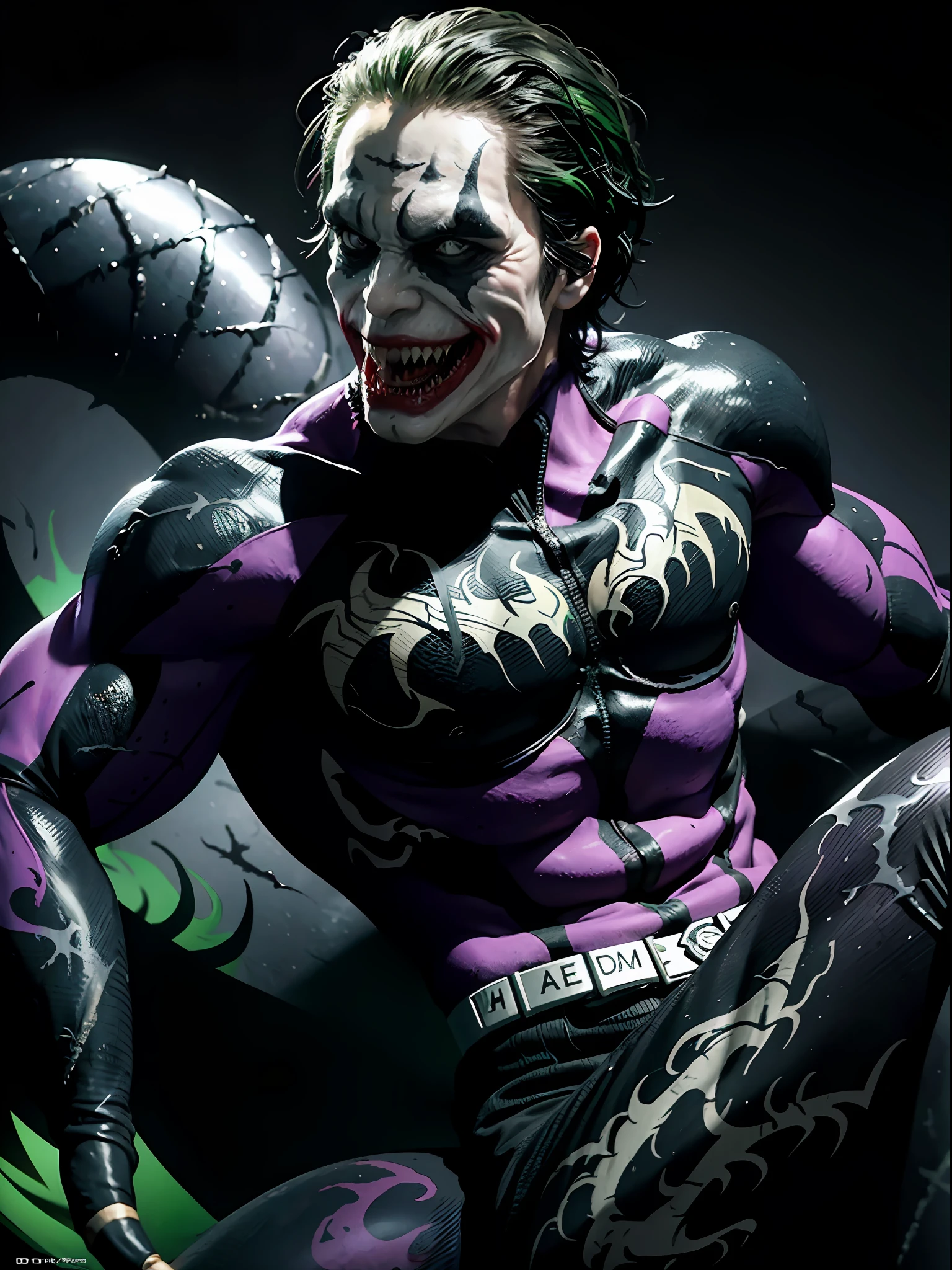 (joker) as (venom:1.2), muscular, purple and green tone, official art, unity 8k wallpaper, ultra detailed, aesthetic, masterpiece, best quality, photorealistic, dark theme crazy smile, waist up