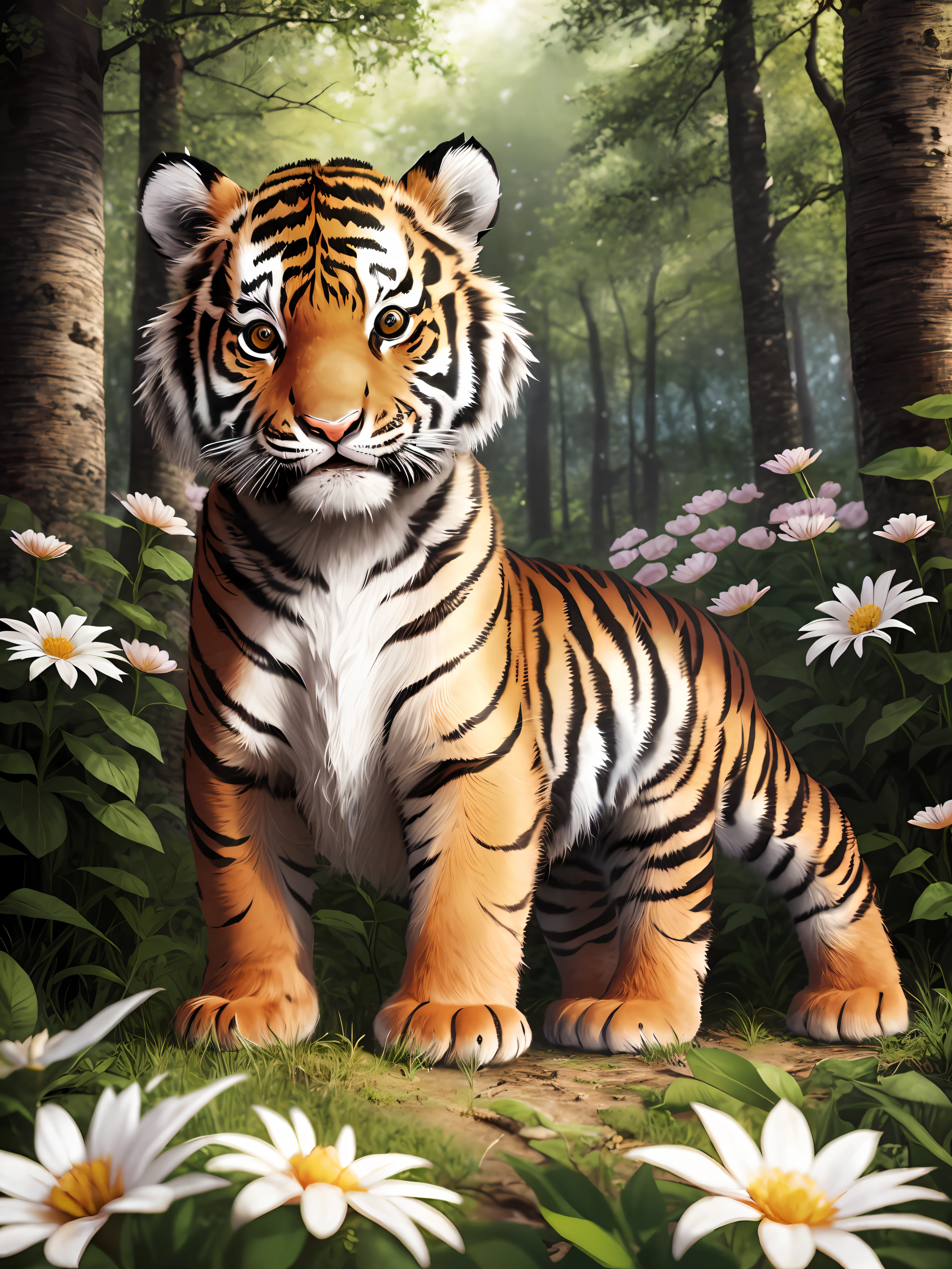 epic realistic photography, a drawing of a cute (little baby:1.2) (tiger) surrounded by beautiful flowers and trees in a forest clearing