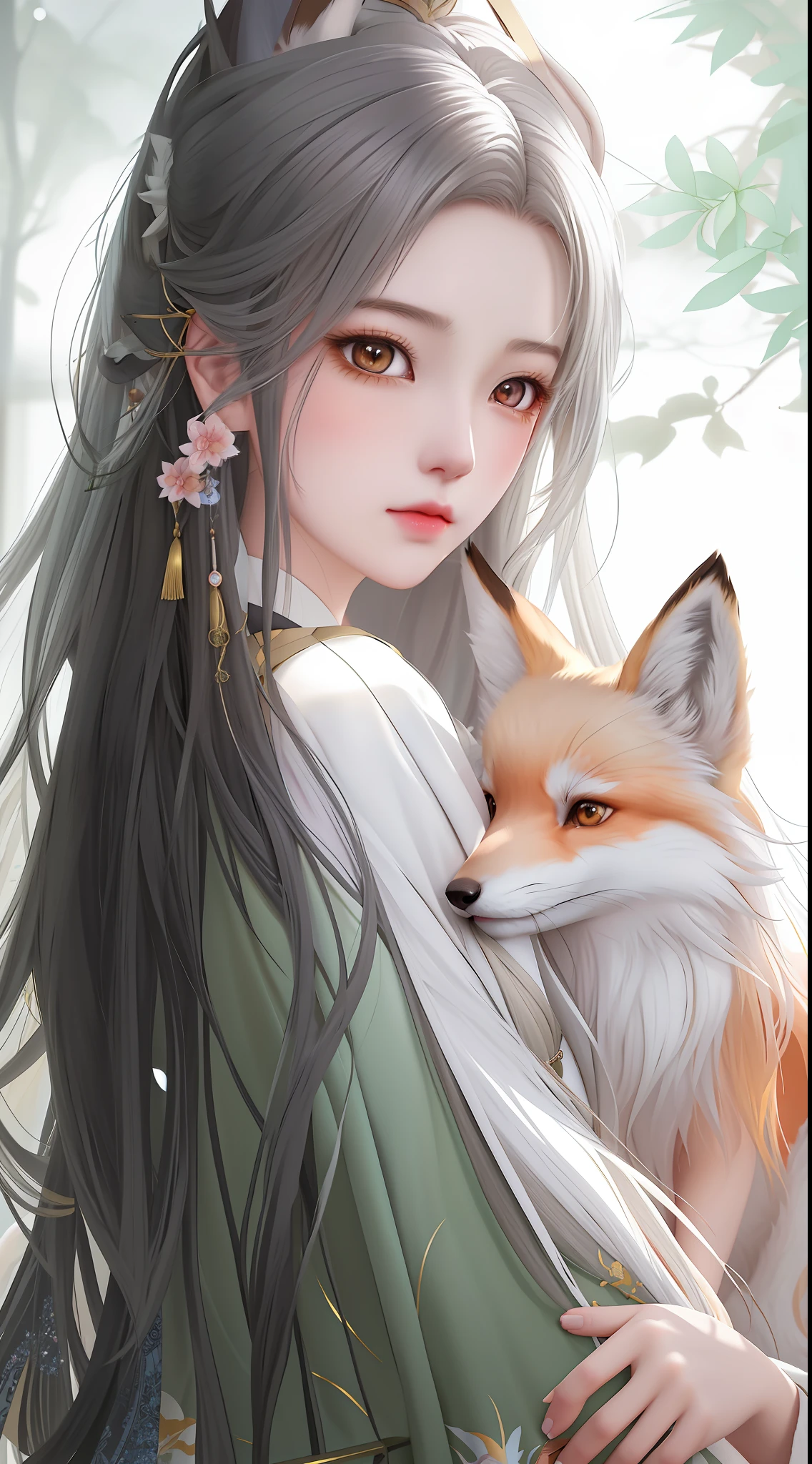 anime girl with long hair and a fox, a beautiful fox lady, white - haired fox, beautiful character painting, by Yang J, beautiful anime portrait, girl with fox ears, a beautiful kitsune woman, by Ni Tian, artwork in the style of guweiz, guweiz, by Ren Renfa, kitsune, soft anime illustration