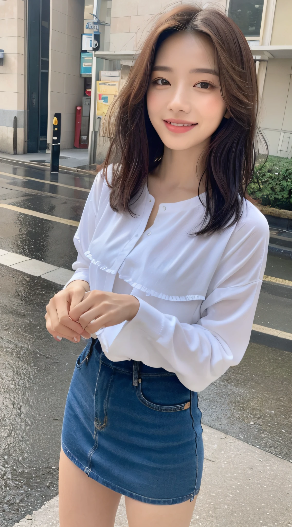 ((Best Quality, 8K, Masterpiece:1.3)), Focus: 1.2, Perfect Body Beauty: 1.4, Buttocks: 1.2, ((Layered Haircut, Breasts: 1.2)), (Wet Clothes: 1.1), (Rain, Street:1.3), Bandeau Dress: 1.1, Highly Detailed Face and Skin Texture, Fine Eyes, Double Eyelids, Whitening Skin, Long Hair, (Shut Up: 1.3), Smile