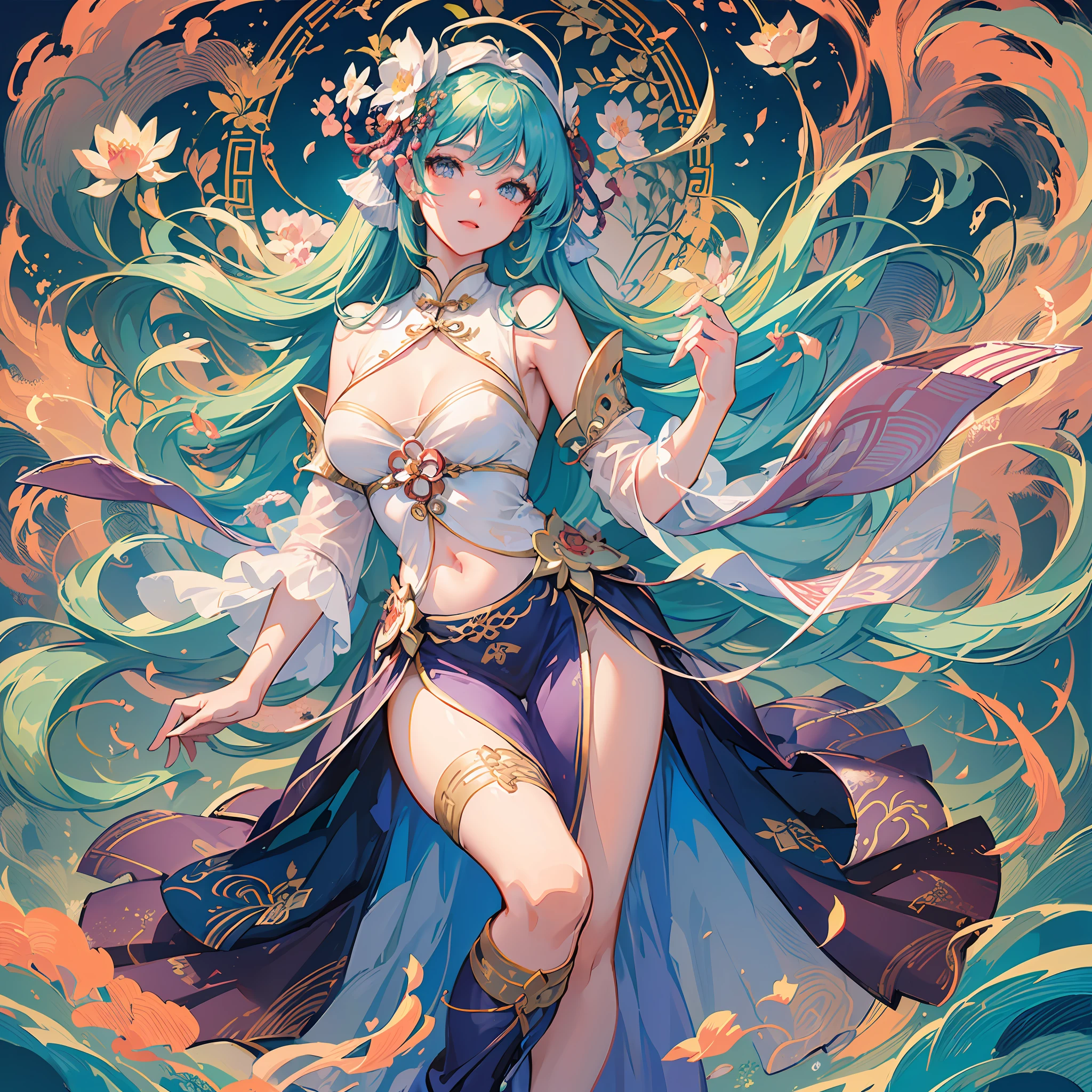 ((High-quality CG, Chinese painting style), (female one), full body picture, a beautiful fairy dancing in the magnificent sky, beautiful and gorgeous posture, beautiful appearance like a flower, dressed in gorgeous clothes, like the first bloom of snow lotus, eyes shining with happiness, full of light, brilliant magic array surrounding, containing oriental aesthetics, gorgeous fairy clothes, exquisite posture, long hair like a waterfall, white light flashing, dreamy clouds. --auto --s2