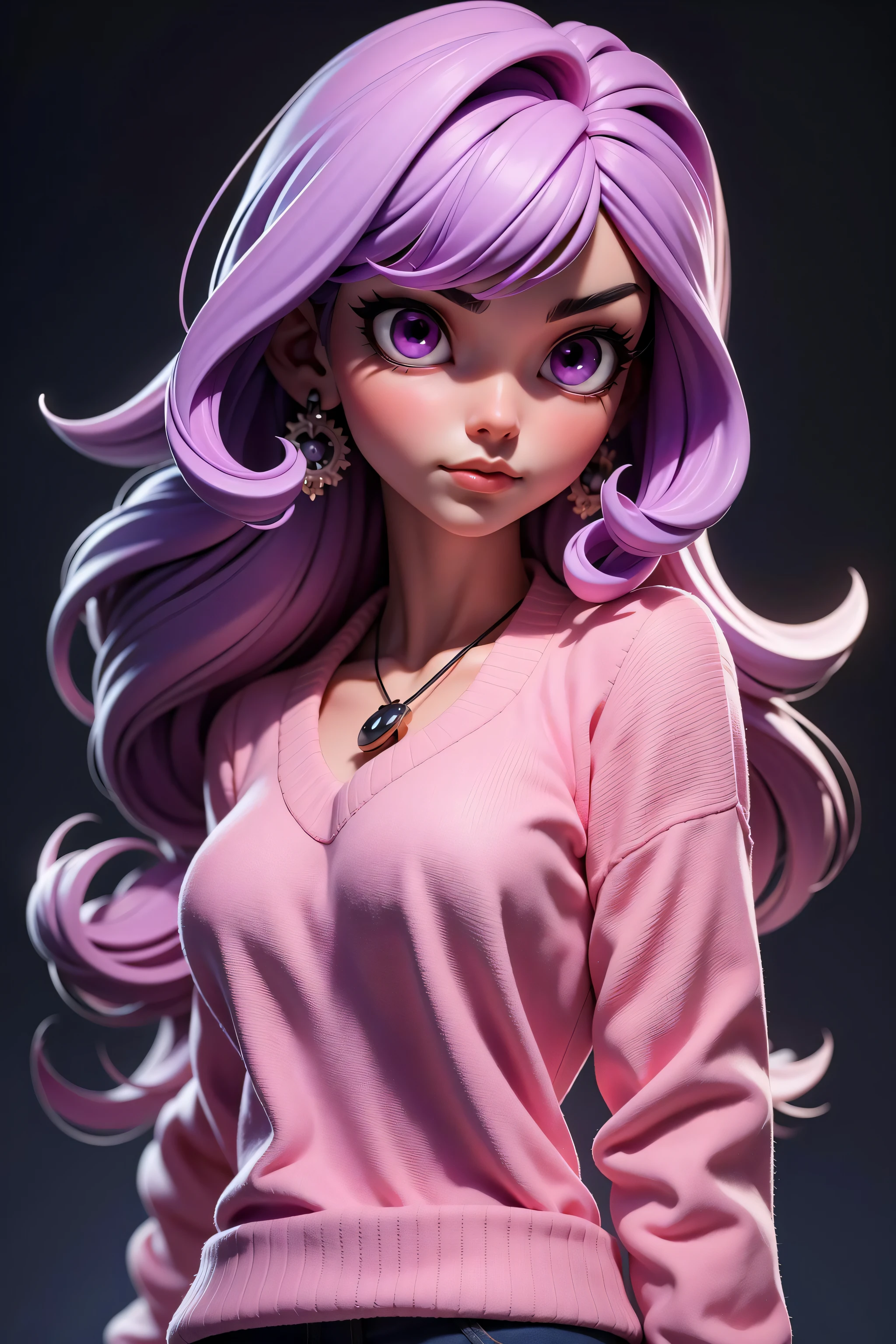 3dmm style,(masterpiece, top quality, best quality, official art, beautiful and aesthetic:1.2), (fractal art:1.3), 1girl, beautiful, high detailed, purple hair with a hint of pink, pink eyes, dark lighting, serious face, looking the sky, sky, medium shot, black sweater, jewelry