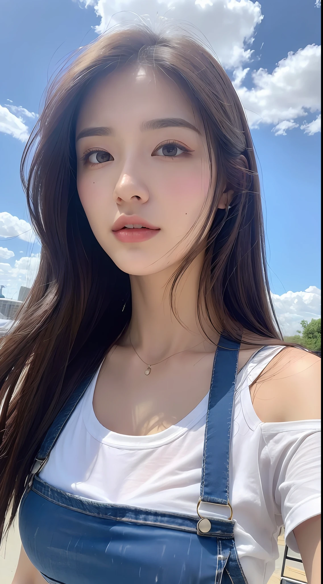 (Daytime, Excellent, 8K, Masterpiece:1.3)), Full body, Long legs, Focal length: 1.2, Perfect Body Beauty: 1.4, Slim Abs: 1.1, ((Dark Brown Hair, Big Breasts: 1.2 )), (White Skinny T-shirt, Denim Suspenders, Standing: 1.2), ((City, Blue Sky and White Clouds: 1.3)), Highly detailed face and skin texture, Detailed eyes, Double eyelids, Flying long hair