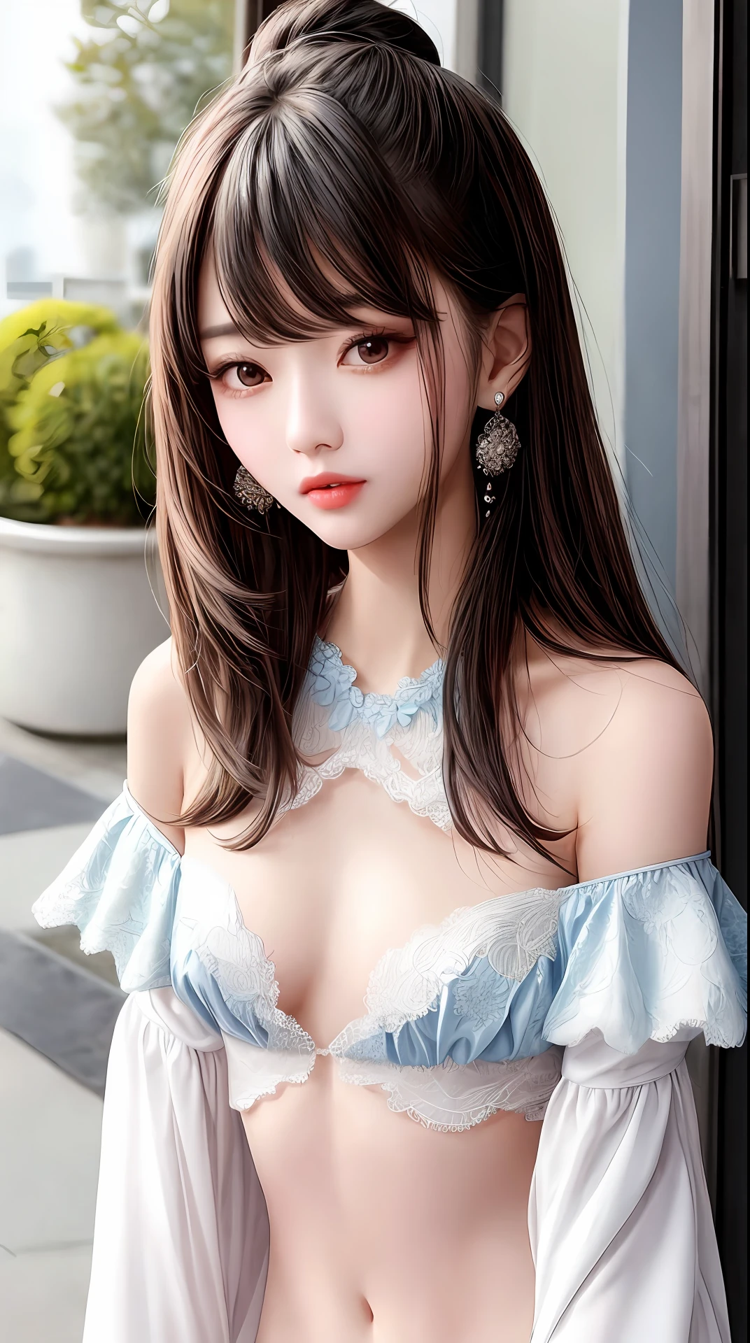 Fashion trendy beautiful and charming woman, gentle and charming Chinese beautiful woman, Korean(kpop-idol), delicate and sexy collarbone, charming oval face, double eyelids, smart [peach]blossom eyes, pink lips, small nose, bare shoulders, focus on the face, close-up of the face, Ultra-high-definition, super-detailed, the ((loose)), white off-the-shoulder shirt perfectly echoes the light blue high slit miniskirt, (chest cutout). ((black)lace panties), fresh and impressive, Natural(medium breasts:1.25), (nsfw:1.2)
