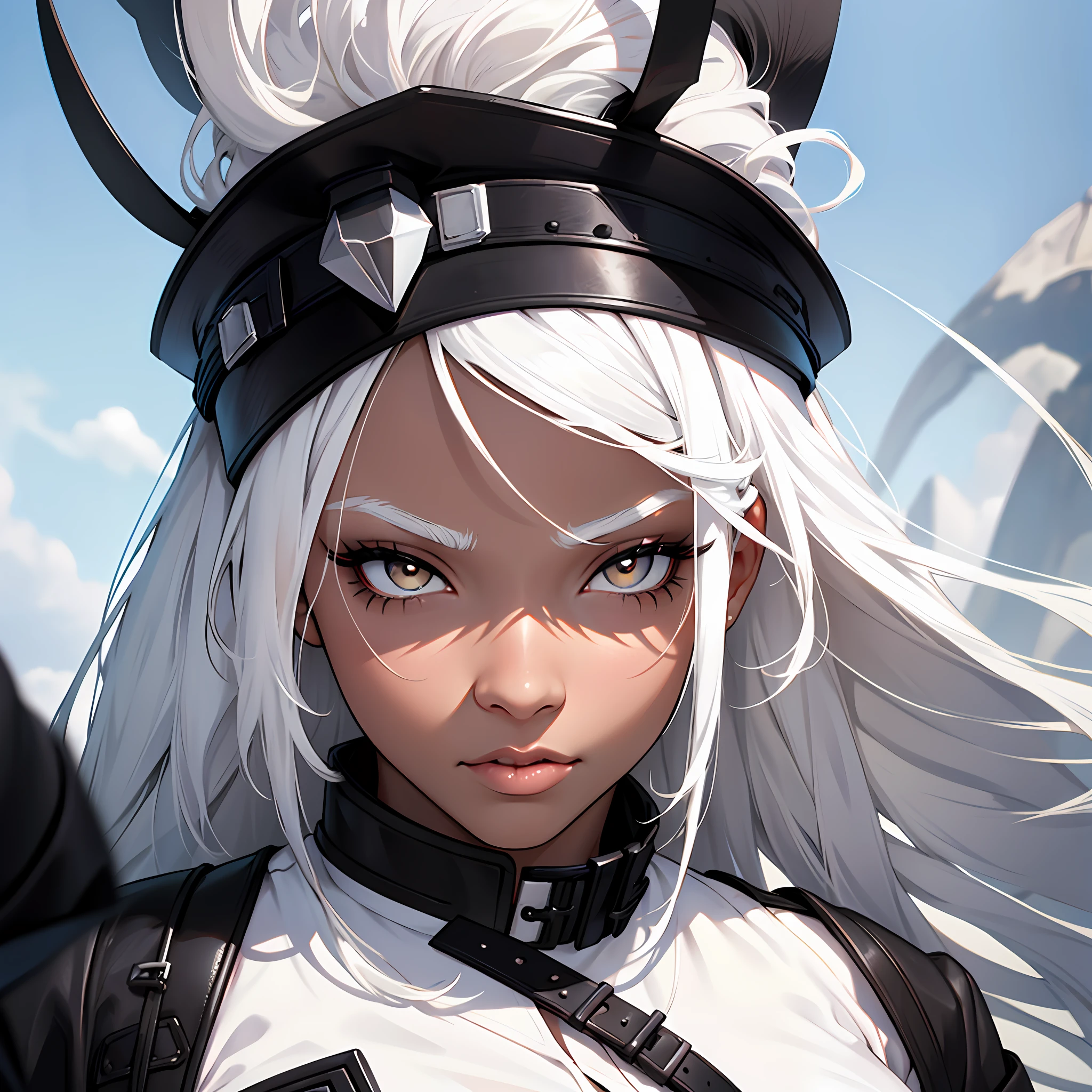 "Black girl with large, white straight hair, with white eyelashes and white eyebrow [(black woman:1.3), (white hair:1.4), (white eyes:1.2), ,(white eyebrow)]"
