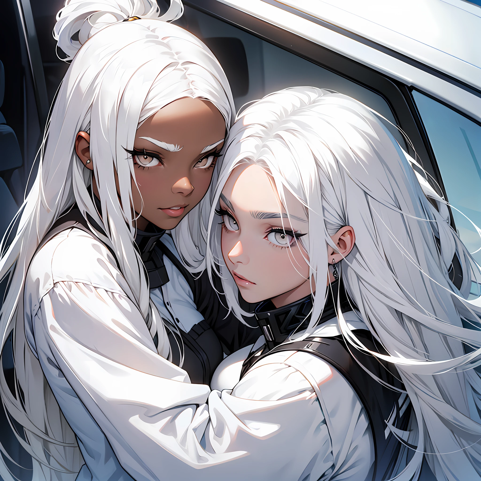"Black girl with large, white straight hair, with white eyelashes and white eyebrow [(black woman:1.3), (white hair:1.4), (white eyes:1.2), ,(white eyebrow)]"