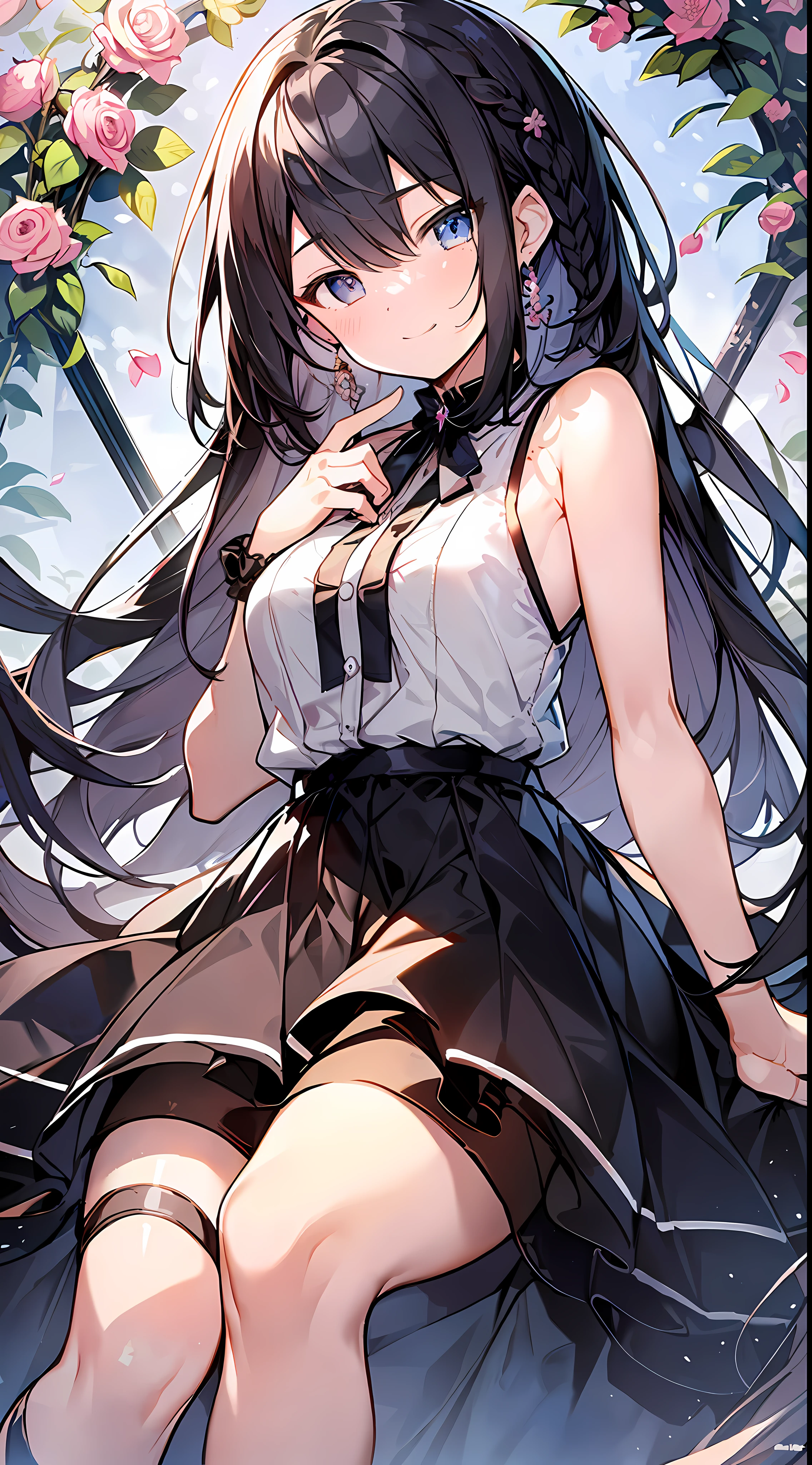 (Incredibly Absurdres Absolutely Resolution: 1.5), Top Quality, Masterpiece, Ultra High Definition, 8K, Early Summer, (Pants, Sleeveless with Black Stripes, Haori), Shojo Manga Style Loli, Alone, Soft Line Art, Digital Enhancement, Shojo Manga Touch, Shoujo Manga Core, Flowing Fabric, Close Up, ( shoulder-length hair length and short braid)), soft drawing, fluffy, soft, beautiful black hair, clear eyes, (((gentle smile)), ultra-detailed digital anime art, clear face depiction, ultra-detailed shoujo manga character art, clear facial features, ultra-detailed manga style, top quality colors, hand gestures, angle visible to the feet, nature, zentangle: 1.3, entangle、beautiful and aesthetic:1.3、High quality:1.3