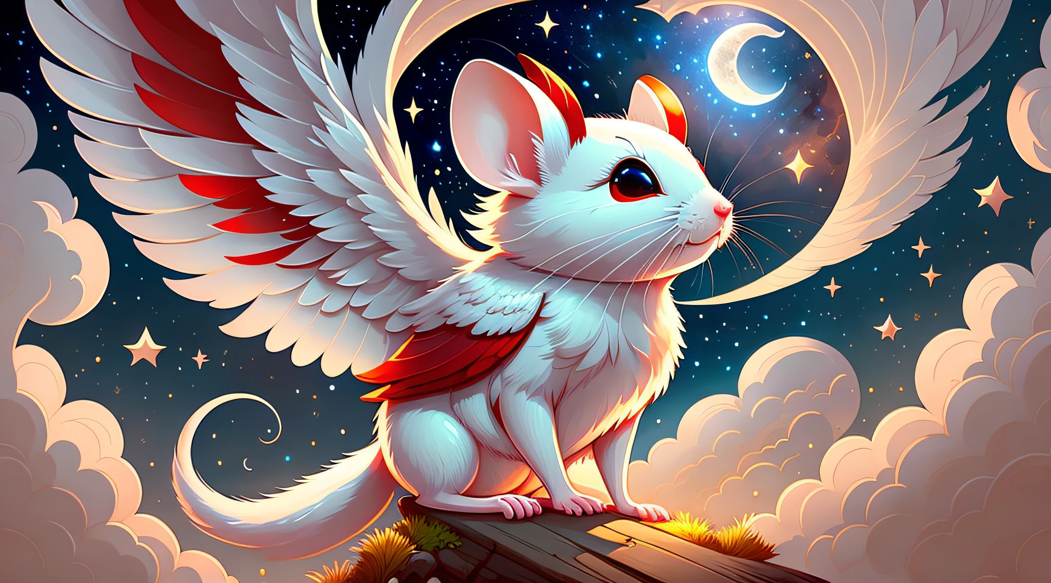 A painting of a chubby red-eyed white mouse with angel wings, clouds, moon, stars in the background, fantasy, highly detailed digital art in 4K, high-quality detailed art in 8k, in the style of Cyril Rolando, detailed fantasy digital art, epic fantasy science fiction illustration, amazing wallpaper, inspired by Gaston Bussiere --auto --s2