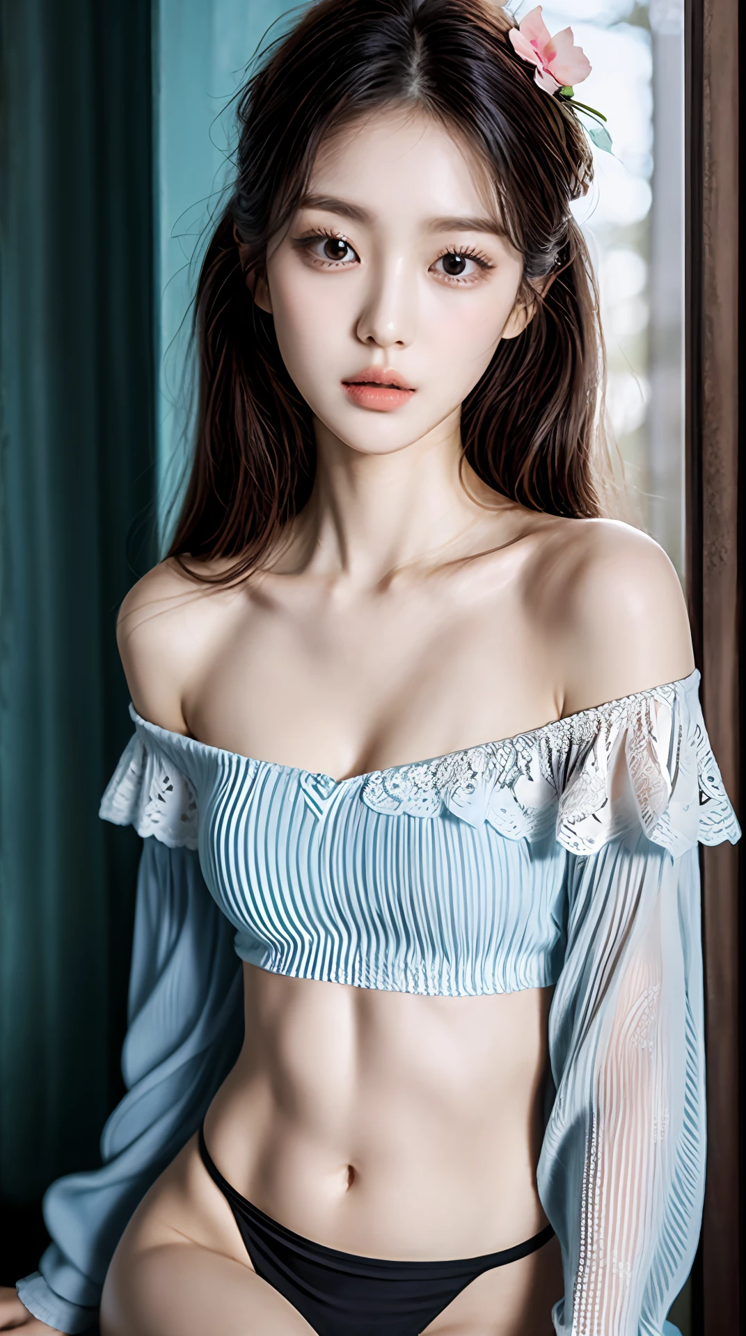 Fashion trendy beautiful and charming woman, gentle and charming Chinese beautiful woman, Korean(kpop-idol), delicate and sexy collarbone, charming oval face, double eyelids, smart [peach]blossom eyes, pink lips, small nose, bare shoulders, focus on the face, close-up of the face, Ultra-high-definition, super-detailed, the ((loose)), white off-the-shoulder shirt perfectly echoes the light blue high slit miniskirt, (chest cutout). ((black)lace panties), fresh and impressive, Natural(medium breasts:1.25), (nsfw:1.2)