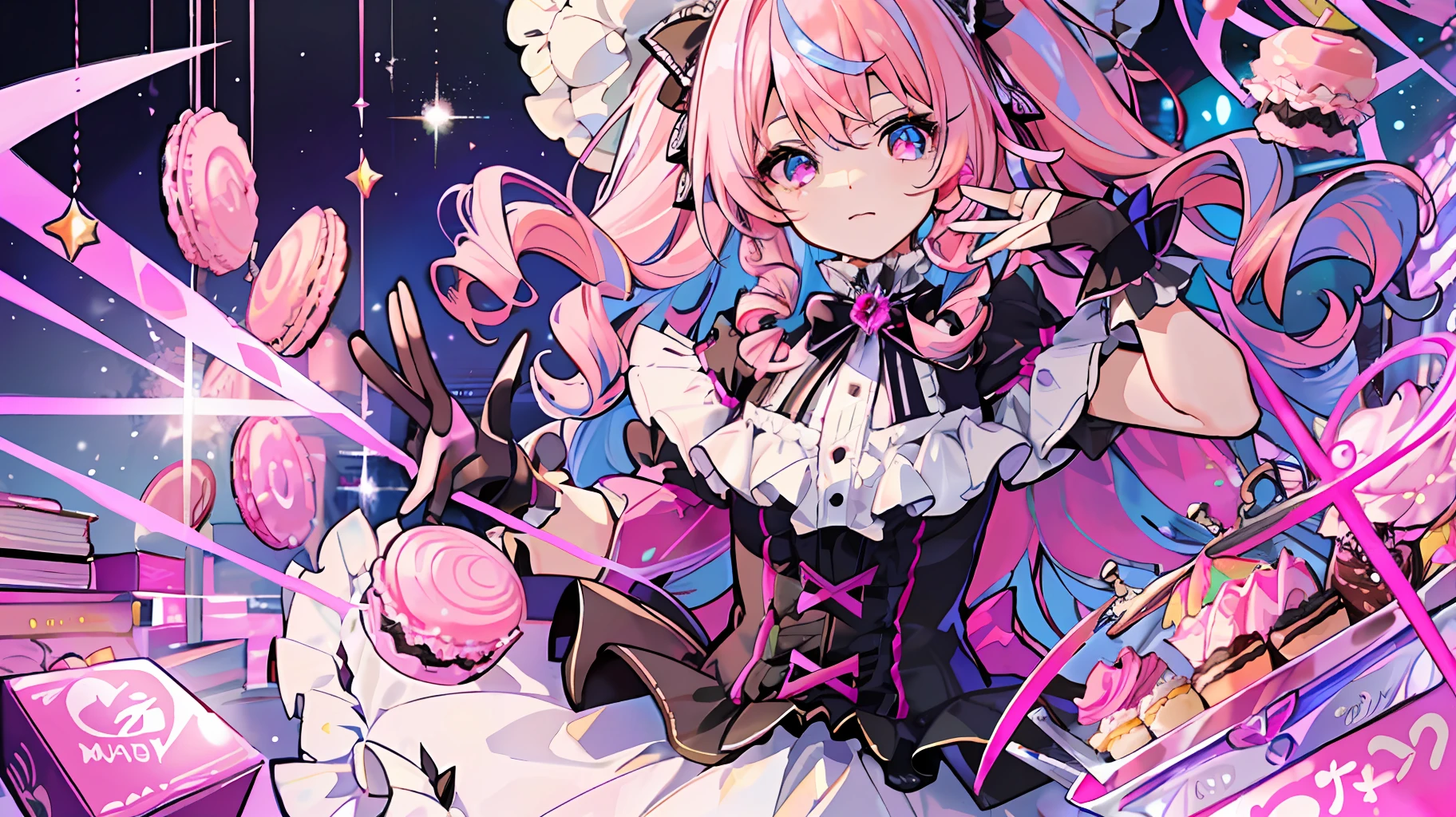 1girl, extreme detail, ta, loliashion, frills, intricate and gorgeous, gloves, afternoon tea, ponet hat, curly hair, macarons, cream, colorful, pink hair, blue hair, gradient pick dye, candy, shiny crystal, shiny, light particles, dynamic pose, dramatic composition, candy hair accessories