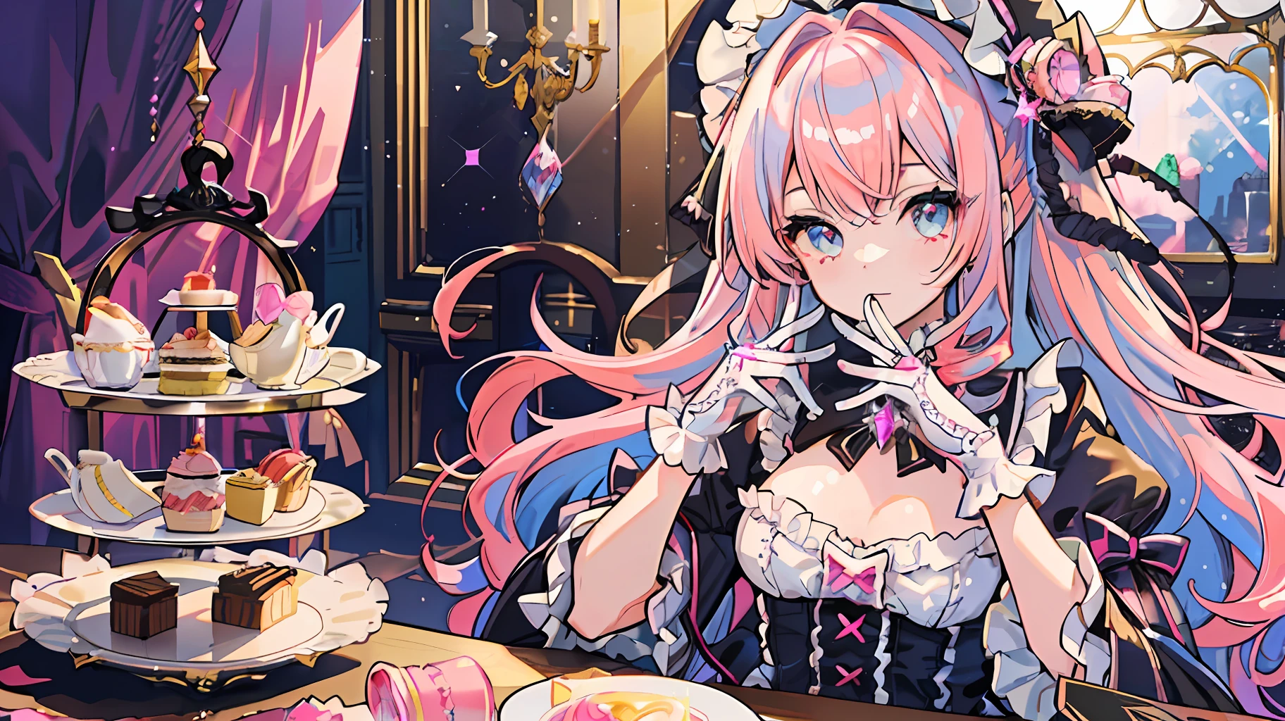 1girl, extreme detail, ****ta, ****ta fashion, frills, intricate and gorgeous, gloves, afternoon tea, ponet hat, curly hair, macarons, cream, colorful, pink hair, blue hair, gradient pick dye, candy, shiny crystal, shiny, light particles, dynamic pose, dramatic composition, candy hair accessories