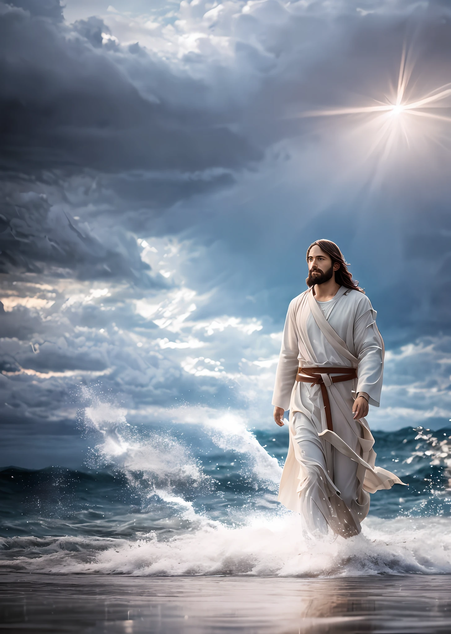 Jesus walking on water in a storm, gentle expression, streaks of light coming down from the sky, masterpiece, highest quality, high quality, highly detailed CG unit 8k wallpaper, award-winning photos, bokeh, depth of field, HDR, bloom, chromatic aberration, realistic, very detailed, trending at artstation, trending at CGsociety, complex, high detail, dramatic, mid-journey art, volumetric lighting