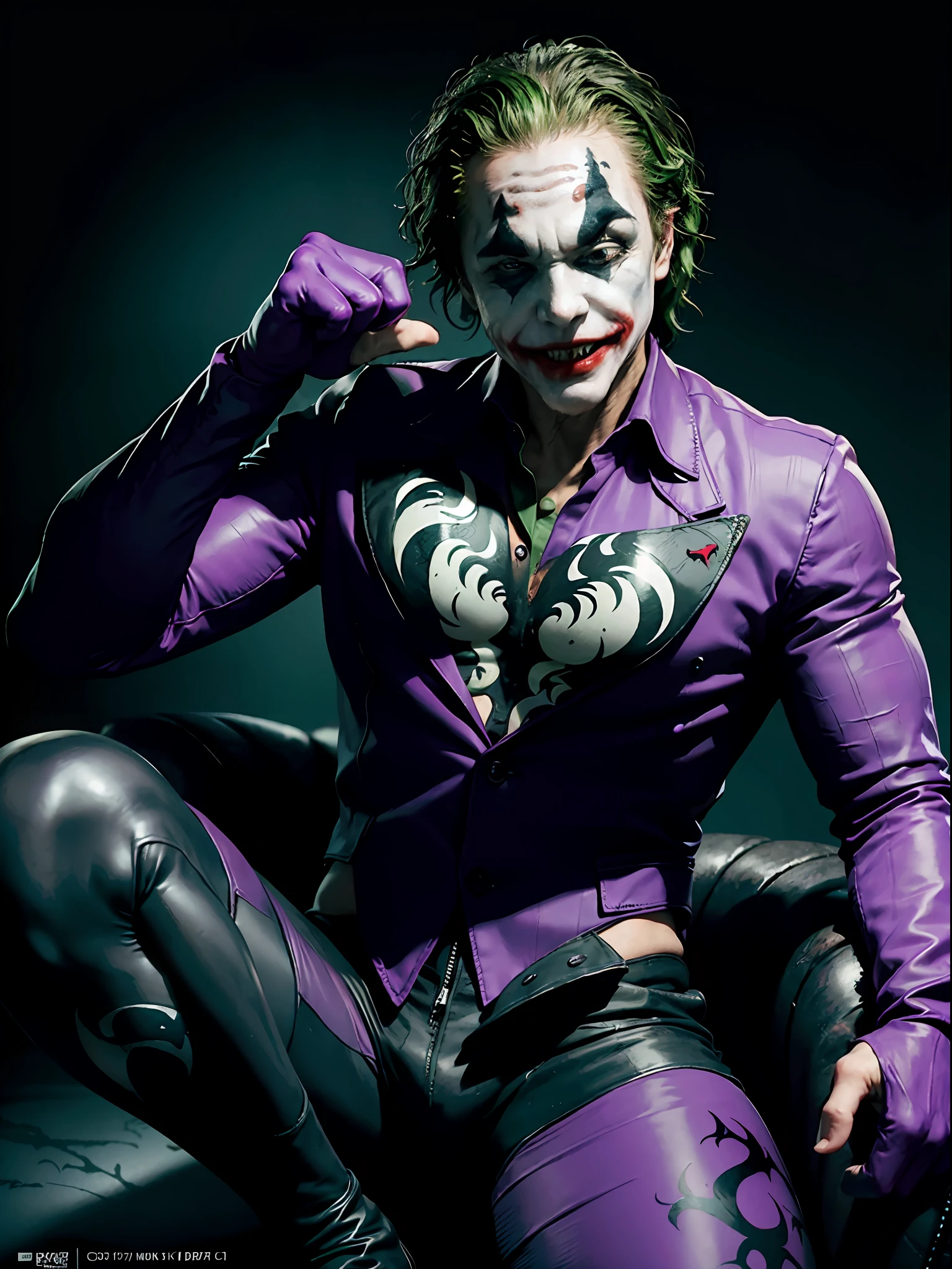 (joker:1.2) as (venom:1.2), muscular, purple and green tone, official art, unity 8k wallpaper, ultra detailed, aesthetic, masterpiece, best quality, photorealistic, dark theme crazy smile, waist up