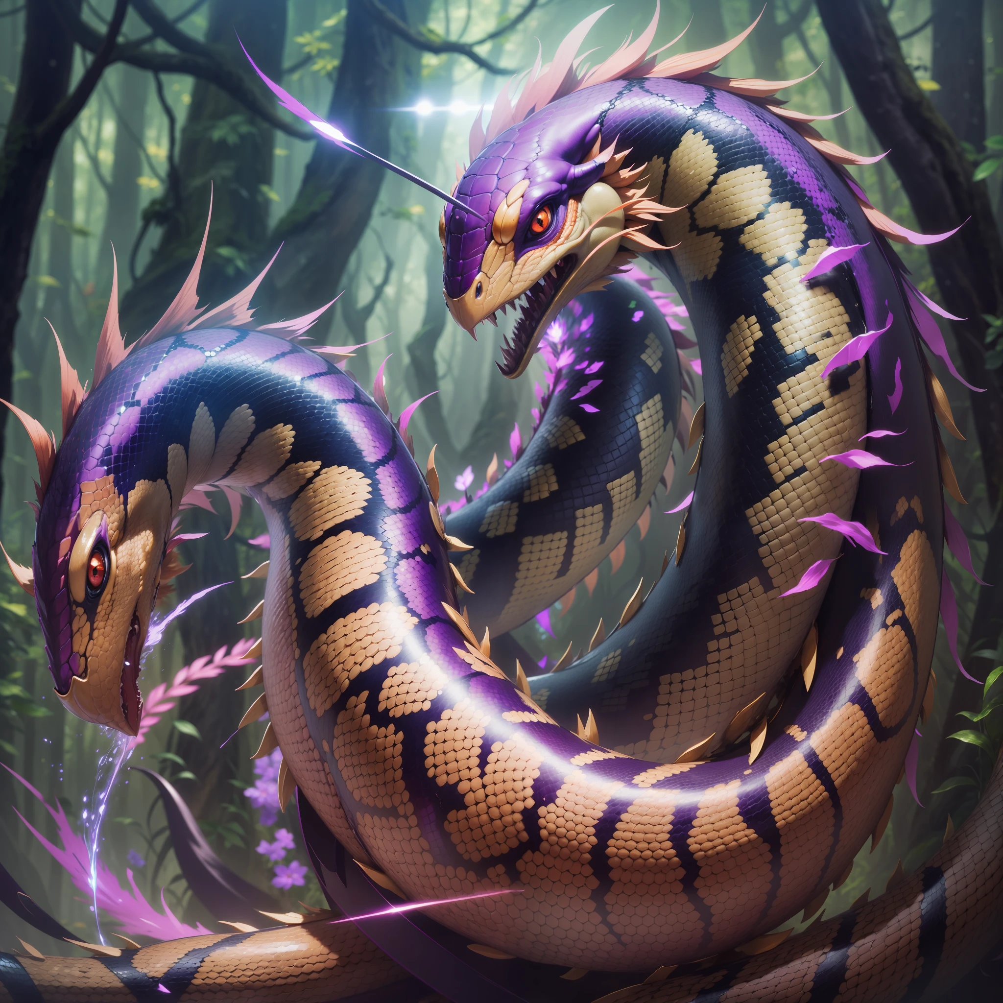 (Super high image quality + outstanding masterpiece), a realistic CG picture, a beautiful "mutant two-headed snake" appears, one of the eyes flashes blue, and the hair has four colors: gold (1.3)|orange|red (1.2)|white (1.1). The snake's body is covered with sharp spiny armor and stingers, shining brightly. The whole picture is surrounded by purple mist, adding a mysterious atmosphere.