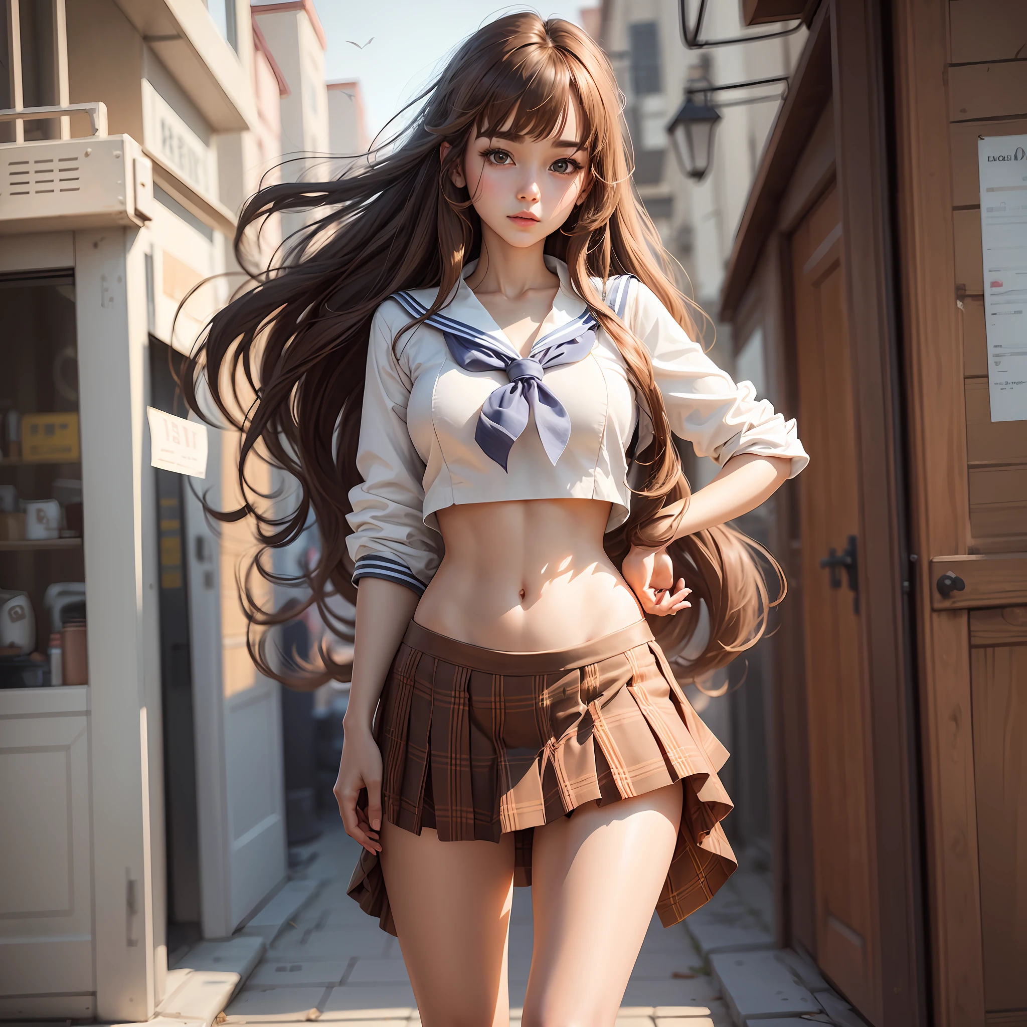 Masterpiece, best quality, (realistic, realistic: 1.4), (RAW photo: 1.2), very detailed CG unity 8k wallpaper, very delicate and beautiful, amazing, fine detail, official art, huge file size, very detailed, very detailed, beautiful detailed girl, very detailed eyes and face, beautiful detailed eyes, face with light, 1girl, ((brown hair)), very long hair, solo, cute, looking at the audience, (perfect female figure) , thin waist, full body, mid-chest, standing, ((light sailor suit)), plaid skirt, crop top, open coat, bare arms, bangs, outdoor, ulzzang-6500-v1. 1. (Hallyu Idol) --auto --s2