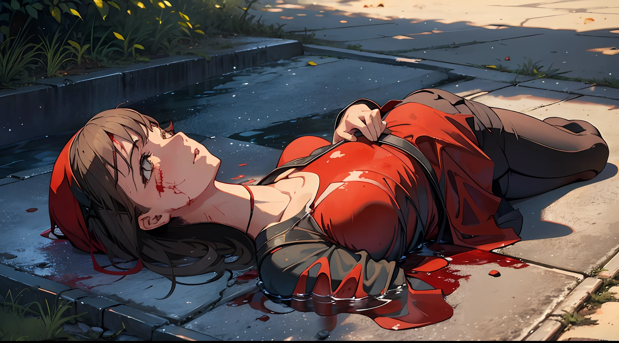 I only saw a girl in a red dress lying on the ground, falling in a pool of blood, and the girl slowly raised her head. In the picture, you see a girl lying on the ground, her body covered in blood, she slowly raises her head, her eyes full of pain and despair.
