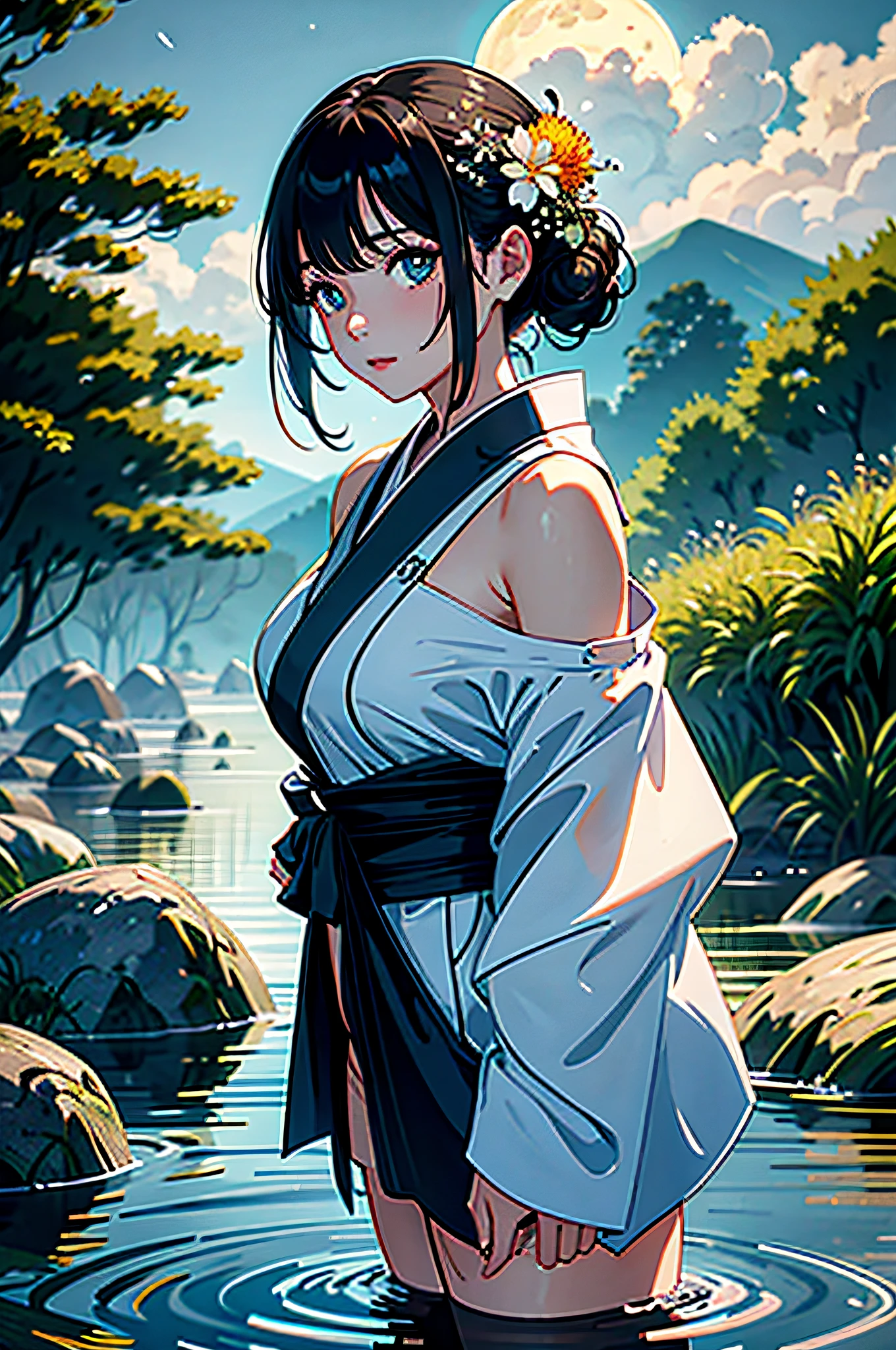 1girl, breasts, moon, lantern, night, solo, large breasts, hair ornament, wet, kimono, japanese clothes, wading, water, hair flower, flower, outdoors, sky, full moon, rain, black hair, off shoulder, mountain, cloud, holding, sash, bare shoulders, paper lantern, standing, white kimono, night sky, sideboob, obi, wet clothes, bangs, tree, from side, reflection, short hair, cloudy sky, wet hair (((masterpiece),(extremely detailed CG unity 8k wallpaper),best quality,,solo,1girl,cinematic lighting,detailed background,beautiful detailed eyes,bright pupils, (an extremely delicate and beautiful),(Beautiful and detailed eye description), ultra-detailed,masterpiece,)),