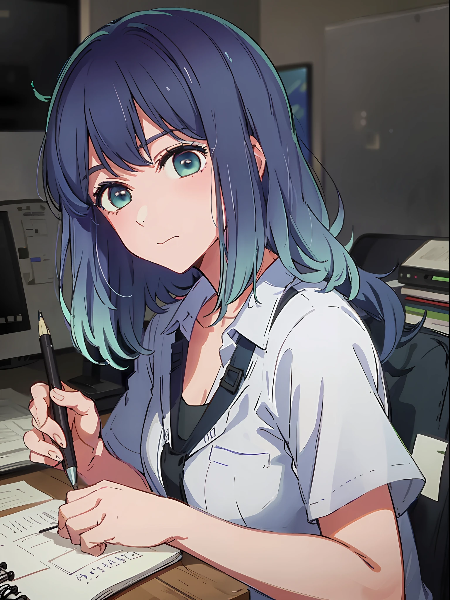 Akane, blue hair, blue eyes, hand drawing, colored pencils, construction paper,