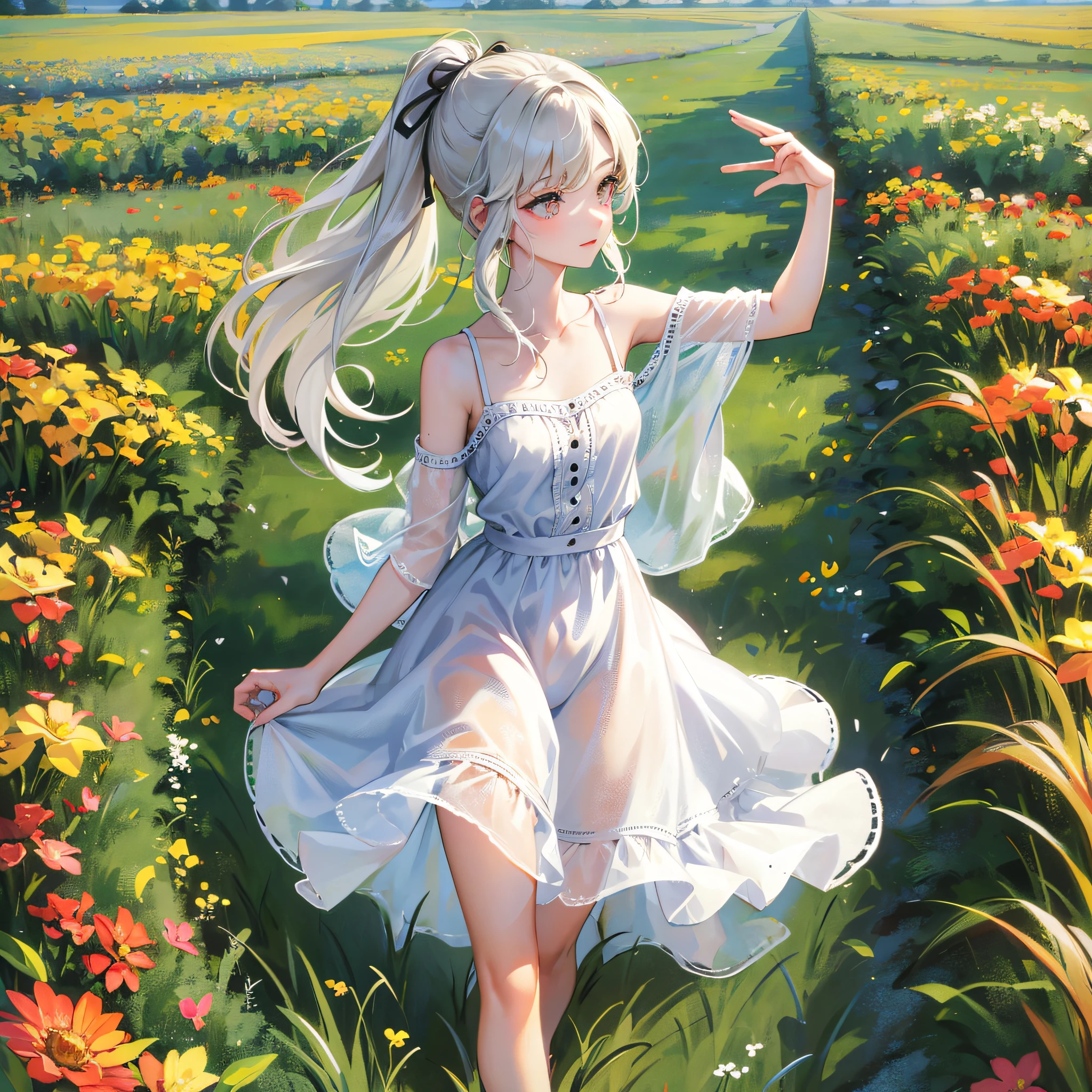 Masterpiece, best quality, (granularity: 0.7), intricate details, sharpness, perfect anatomy, fine details, bloom, noon, bright colors BREAK cute girl, detailed feet, viewed from the side, standing in the middle of the wheat field, double ponytail, white silk cool summer dress, bare feet standing in the wheat field detailed tree, summer, grass, (solo: 1.3), slight smile, BREAK very detailed and cool summer dress, colorful BREAK country rice field background --auto --s2