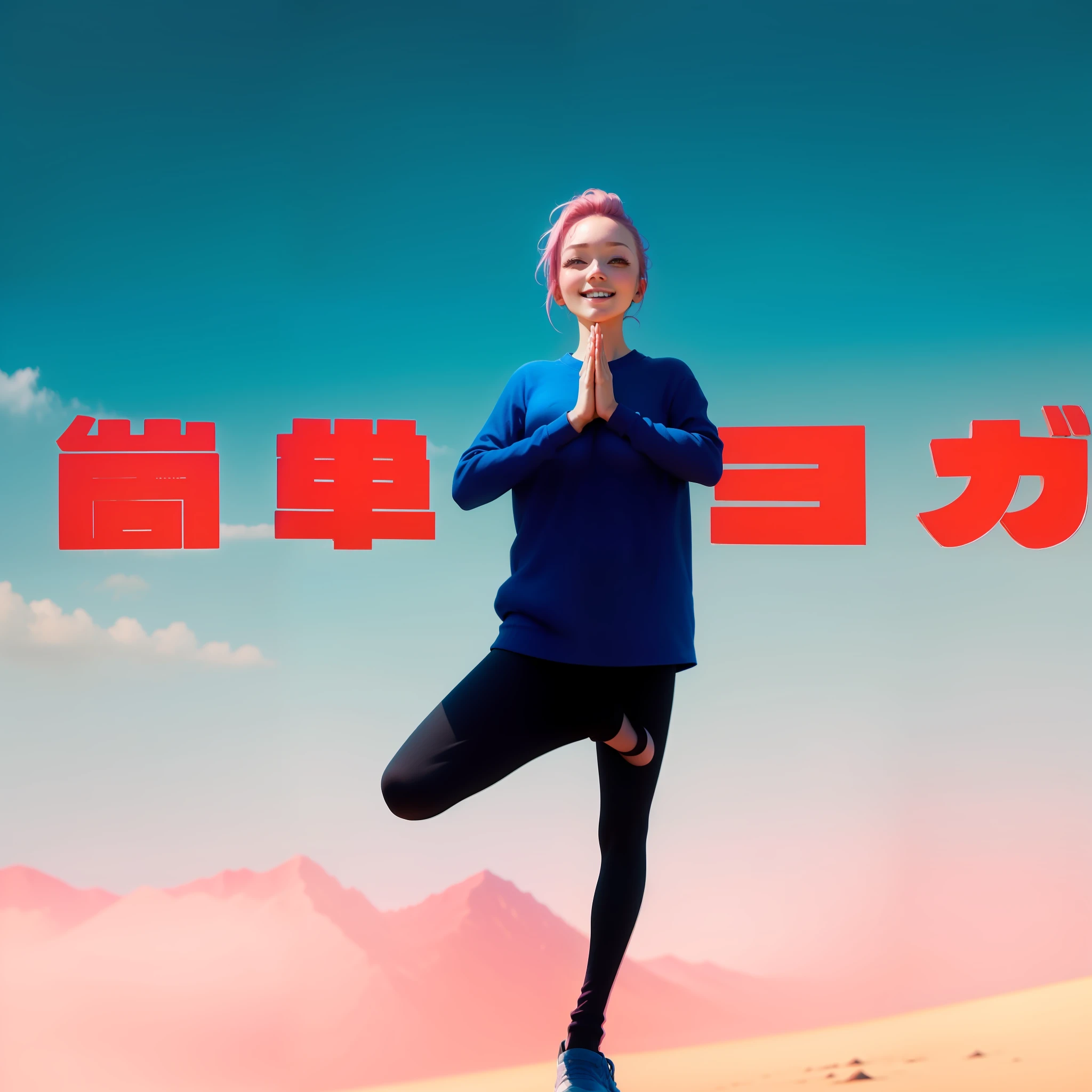 ((Beautiful: 1.1 + Cute: 1.2) Female),20s,Pink hair color、Natural atmosphere,Yoga fashion,Fresh,Sky,Landscape,(Makes you feel happy:1.2) Sonna feeling. --auto --s2