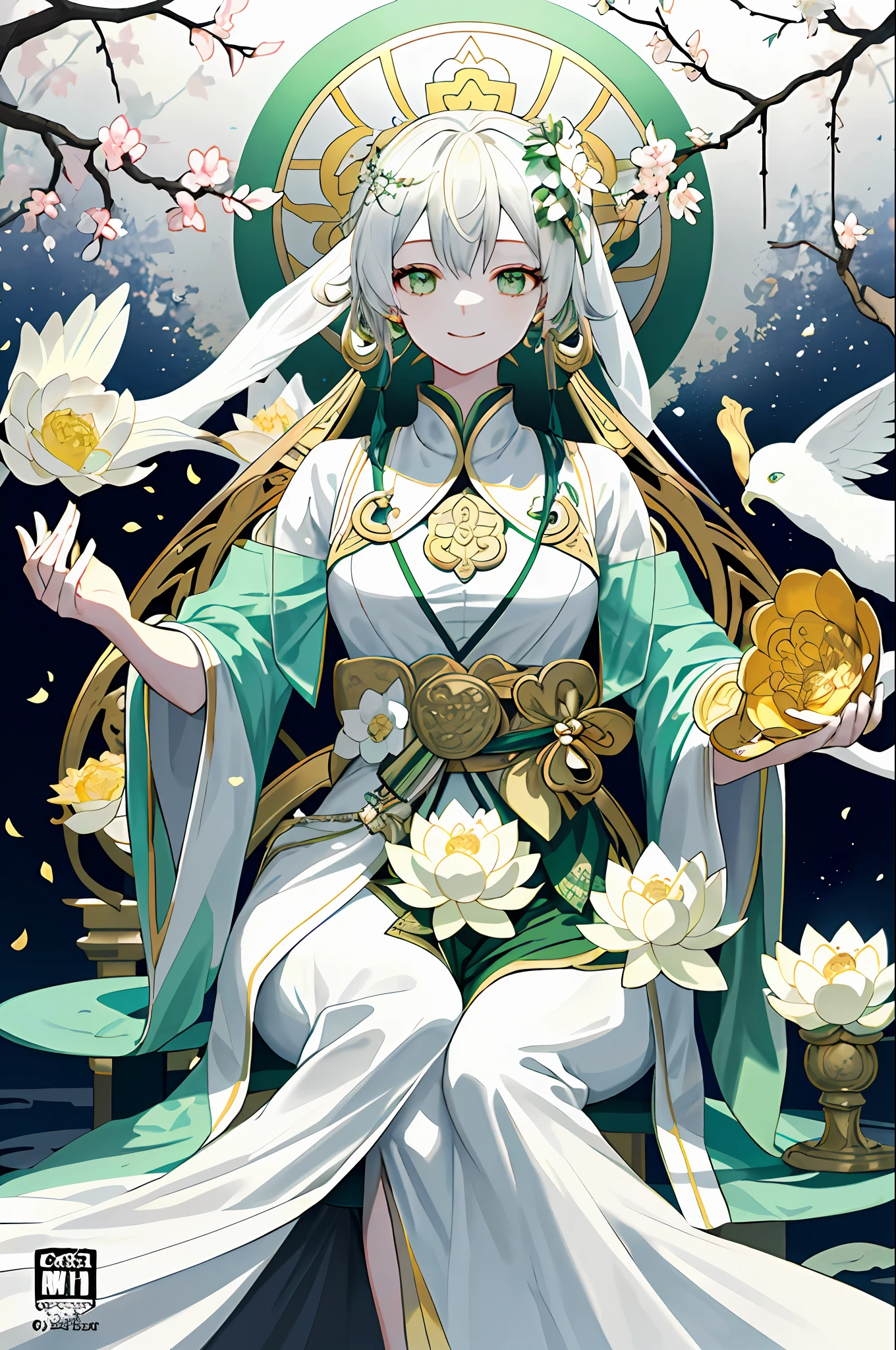 dreamy, serene, white and green:1.2),
(full body, sitting, Guanyin with jade bottle:1.1),(praying hands),(blessing),(smiling),(compassionate),
(lotus throne, floating, below Guanyin:1.2),
(lotus flowers, branches),
(dry ice, fog, below:1.1),
(from front),(medium shot),
As she sits on a floating lotus throne, Guanyin holds a jade bottle and makes a praying gesture. She smiles and blesses the world with her compassion. Behind her, lotus flowers and branches surround her, creating a natural and peaceful backdrop. Below her, dry ice forms a fog that adds to the dreamy atmosphere. The main colors are white and green, creating a pure and harmonious mood.
(magazine:1.3), (cover-style:1.3), fashionable, woman, vibrant, outfit, posing, front, colorful, dynamic, background, elements, confident, expression, holding, statement, accessory, majestic, coiled, around, touch, scene, text, cover, bold, attention-grabbing, title, stylish, font, catchy, headline, larger, striking, modern, trendy, focus, fashion,