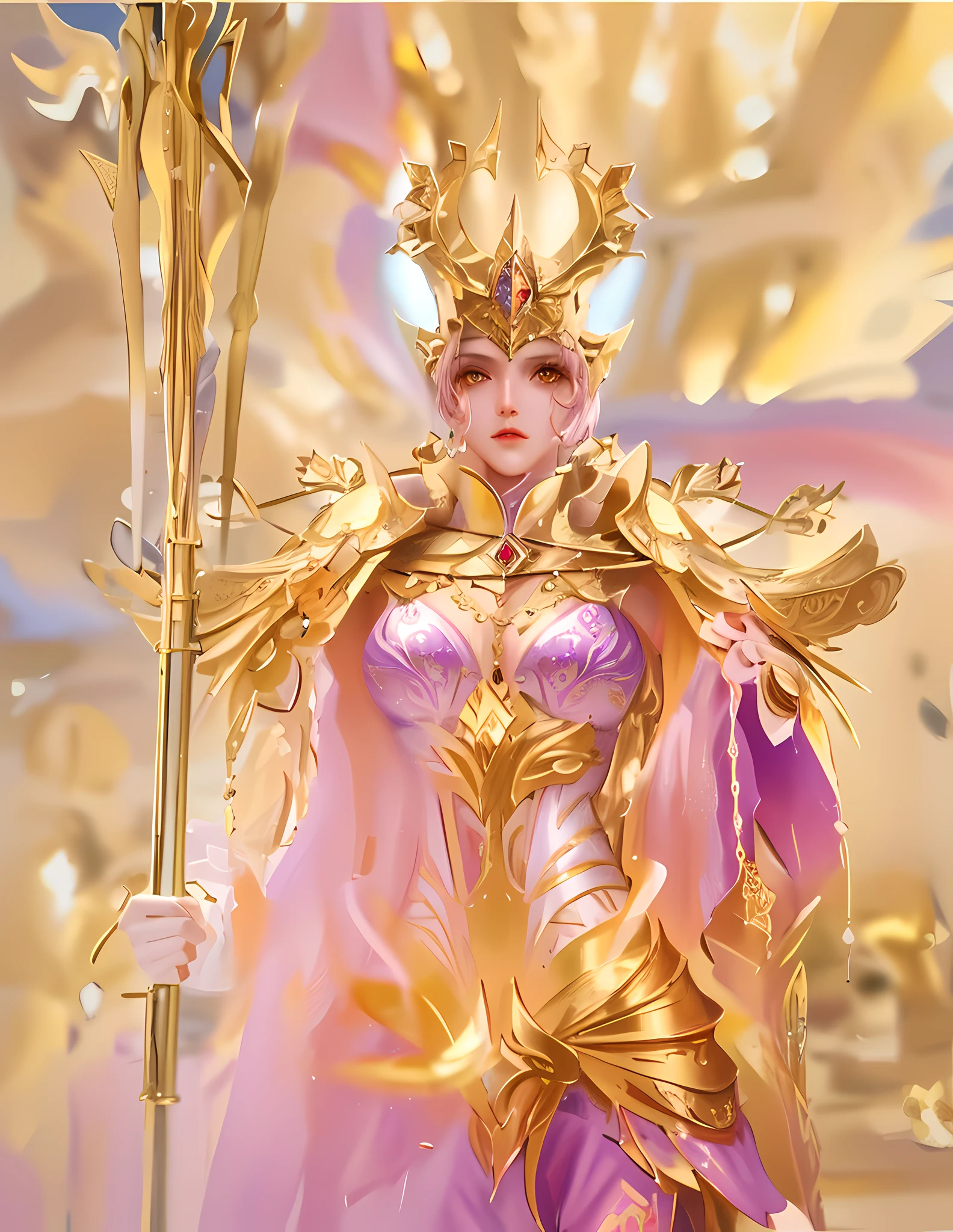 Best quality, excellent picture quality, 8K ultra-clear, masterpiece: 1.2, super detailed, beautiful character painting, inspired by Bibi Dong from "Douluo Continent", epic character art, super detailed costume details, faint golden eyes, dark purple gold clothes, background blur, solemn expression, queen style, background is resplendent palace throne